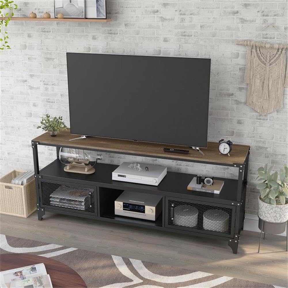 Furniture of America Jordun Industrial Metal 70-inch TV Stand in Sand Black - Modern Entertainment Center for Living Room, Bedroom & Home Theater