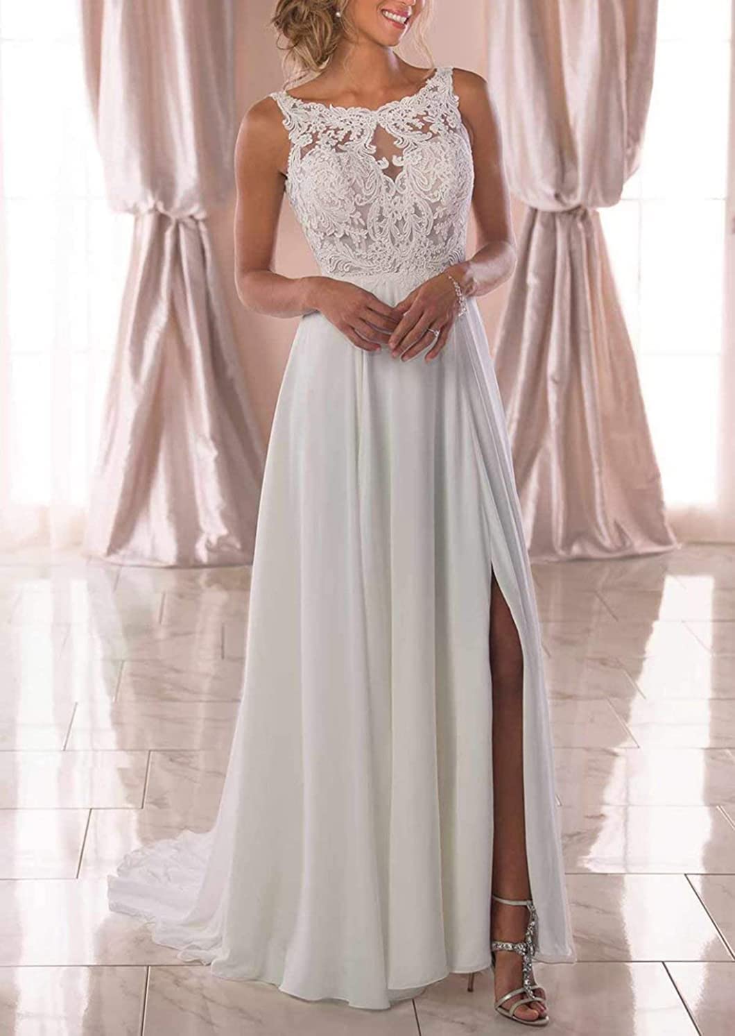Elegant Ivory Chiffon A-Line Beach Wedding Dress with Boho Lace Applique - Perfect for Boho Brides, Beach Ceremonies & Destination Weddings 2024