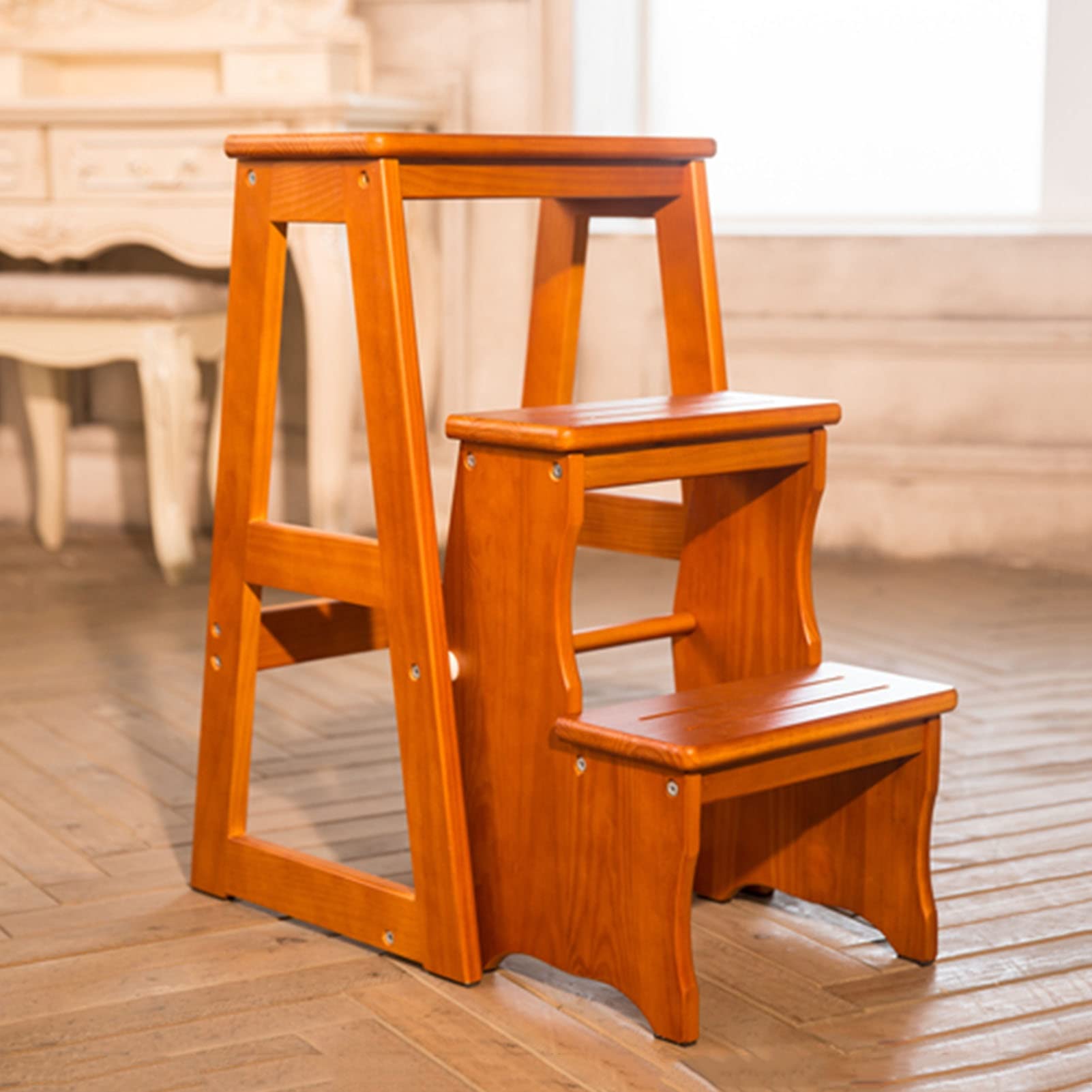 3-Step Foldable Wooden Step Stool for Indoor Use - Multifunctional Ladder Stool for Climbing, Flower Stand, Library, and Home Decor - Perfect for Kids, Seniors, and Pet Access