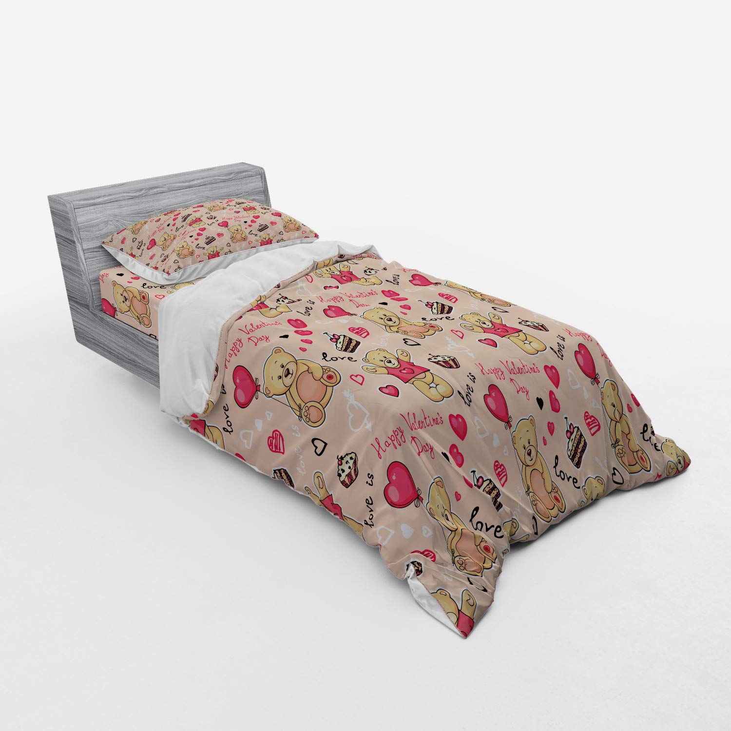 Ambesonne Valentine's Day Bedding Set - 3 Piece Duvet Cover with Sham & Fitted Sheet, Twin Size, Coral Brown Peach - Romantic Teddy Bear & Cake Design for Couples Bedroom Decor