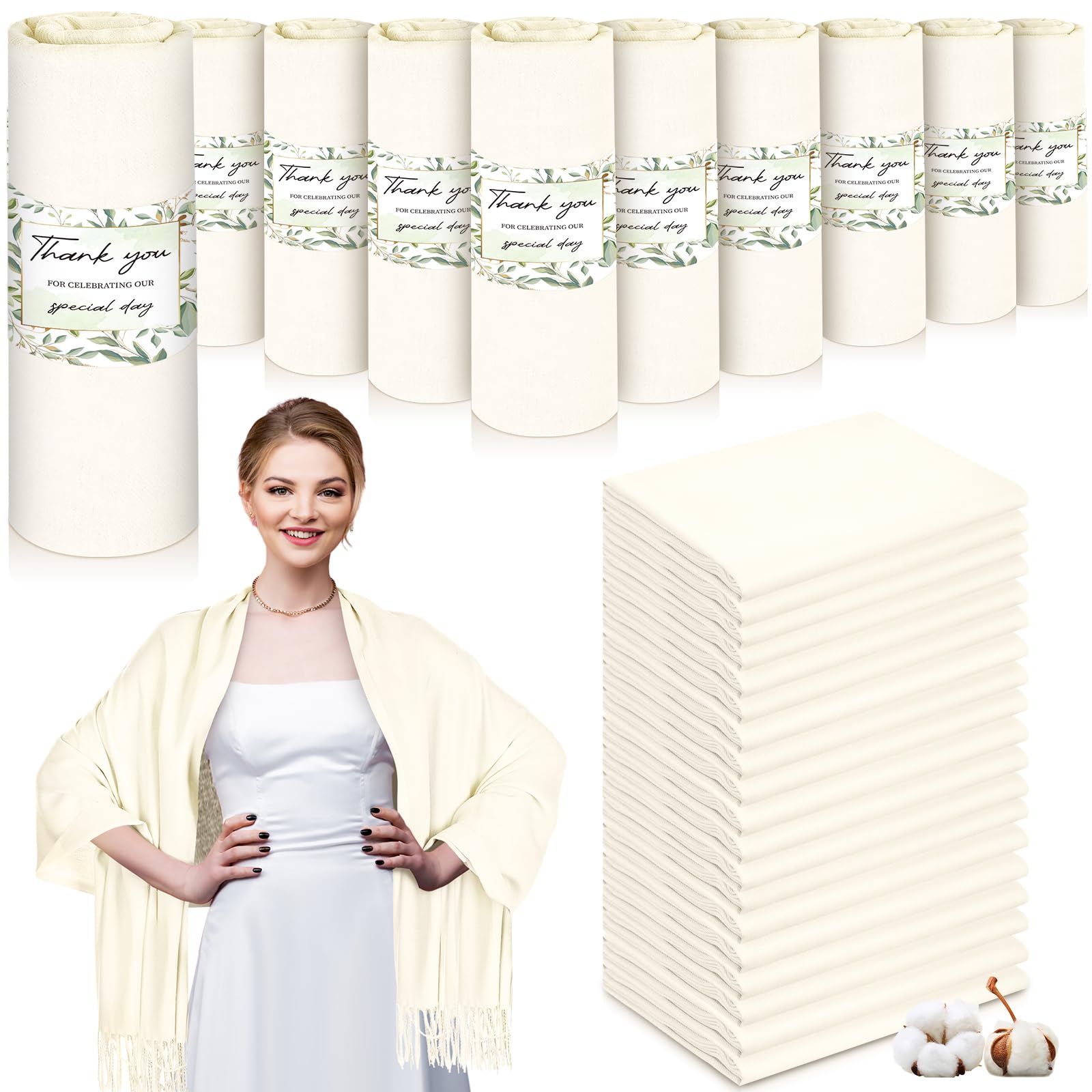 50 Pack Premium Pashmina Shawls & Wraps - Bulk Cashmere Scarves for Wedding Guest Favors, Bridal Baby Showers, Birthday Parties - Elegant White with Leaf Design - Perfect for Gifts & Special Occasions