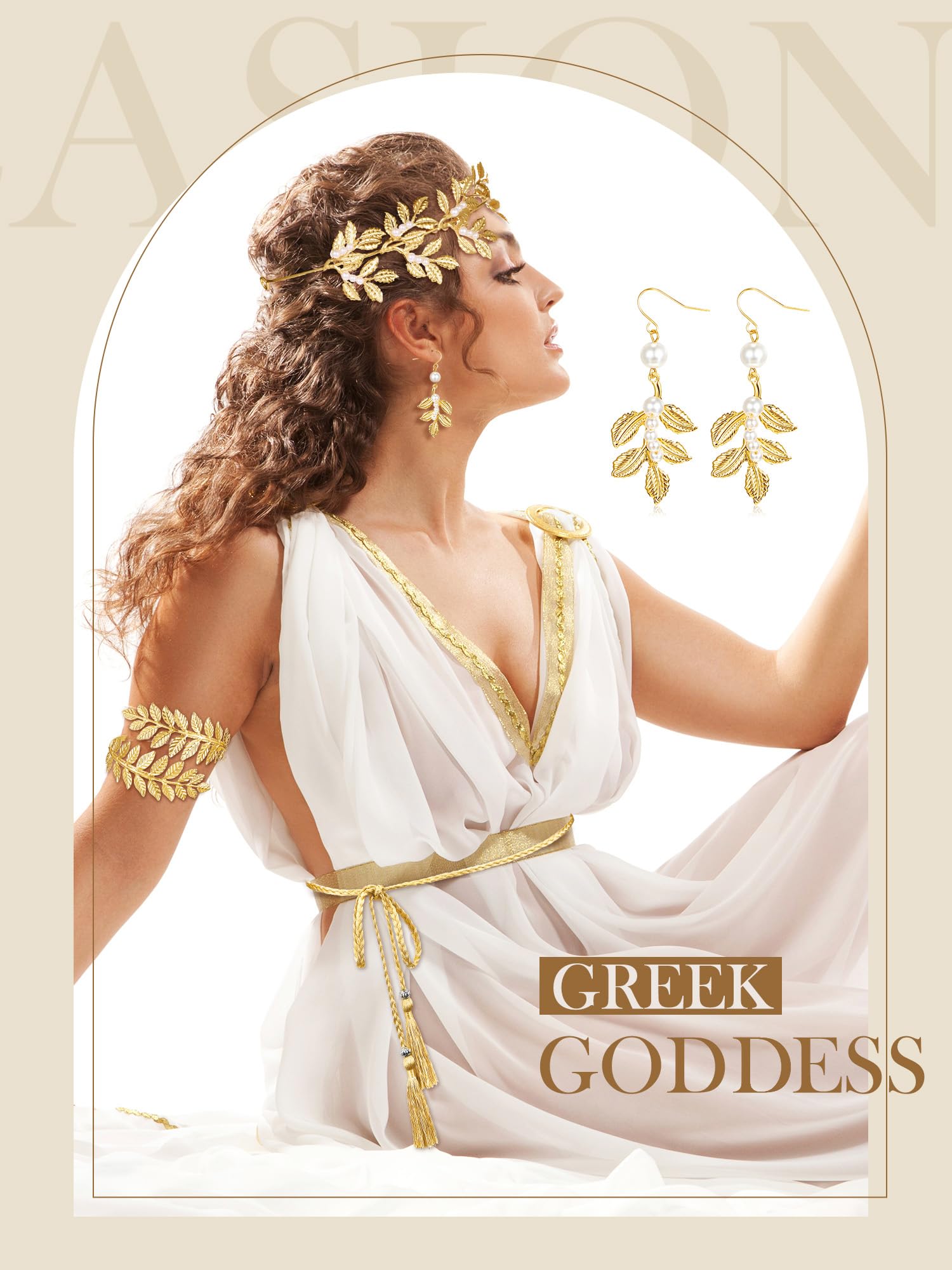 Greek Goddess Costume Accessories Set - 8PCS Leaf Crown Headband, Arm Cuffs, Bracelet & Dangle Earrings for Women | Perfect for Halloween, Cosplay, Themed Parties & Greek Mythology Events