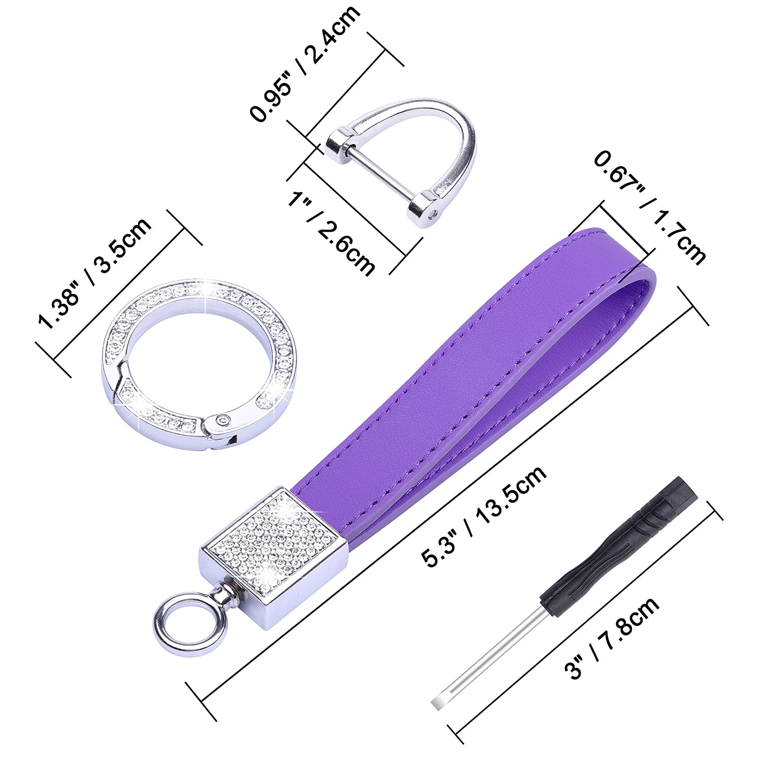 Wisdompro Bling Leather Car Keychain for Women - Genuine Leather Key FOB with Anti-Lost D-Ring & 2 Keyrings - Universal Key Holder for Car Keys (Purple) - Perfect Gift for Her, Birthday, Anniversary & Everyday Use