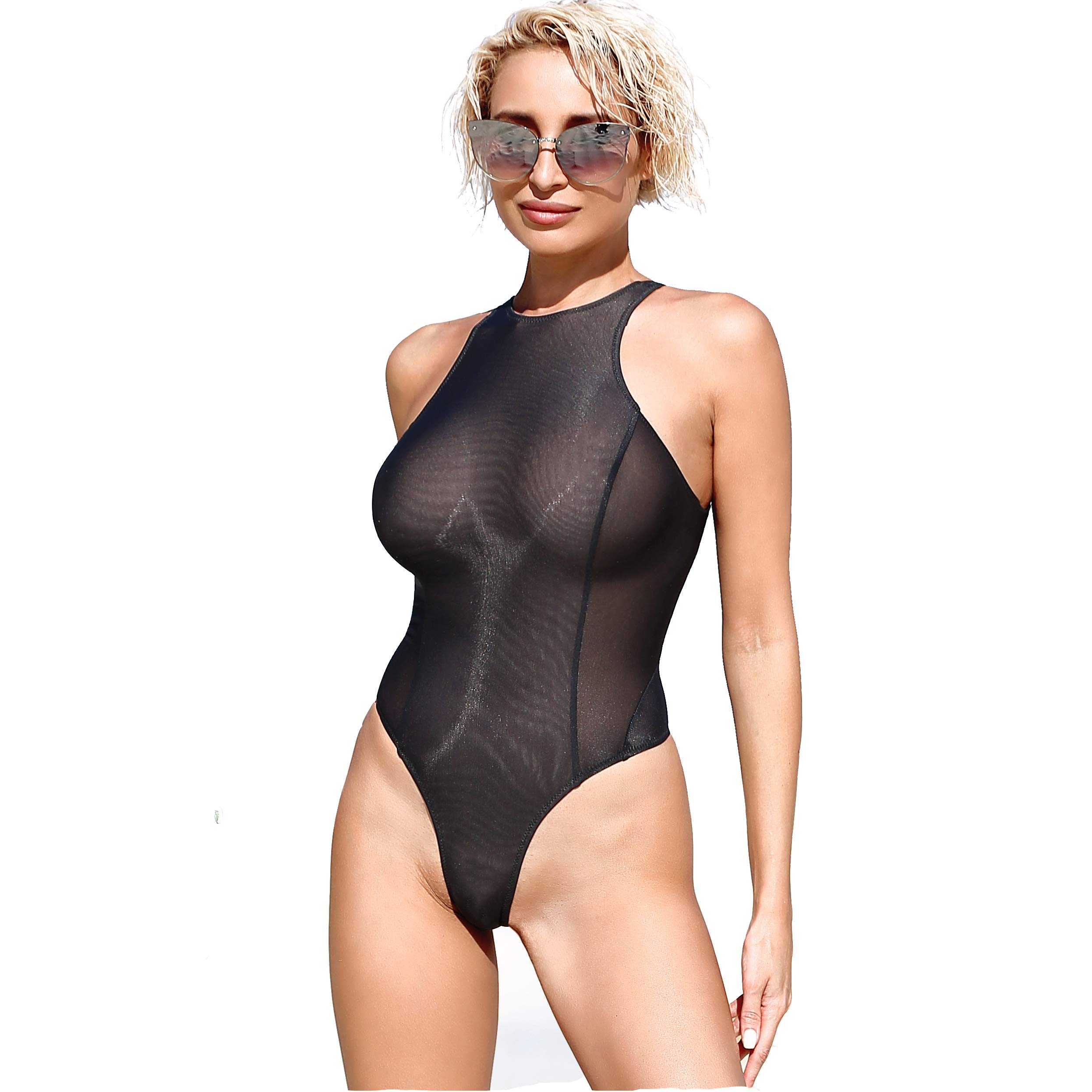 Truhani Black Sheer One Piece Swimsuit - High Neck Thong Monokini See Through Bodysuit for Women | Sexy Beachwear & Pool Party Outfit | Perfect for Summer Vacations, Swimwear Photoshoots and Resort Getaways