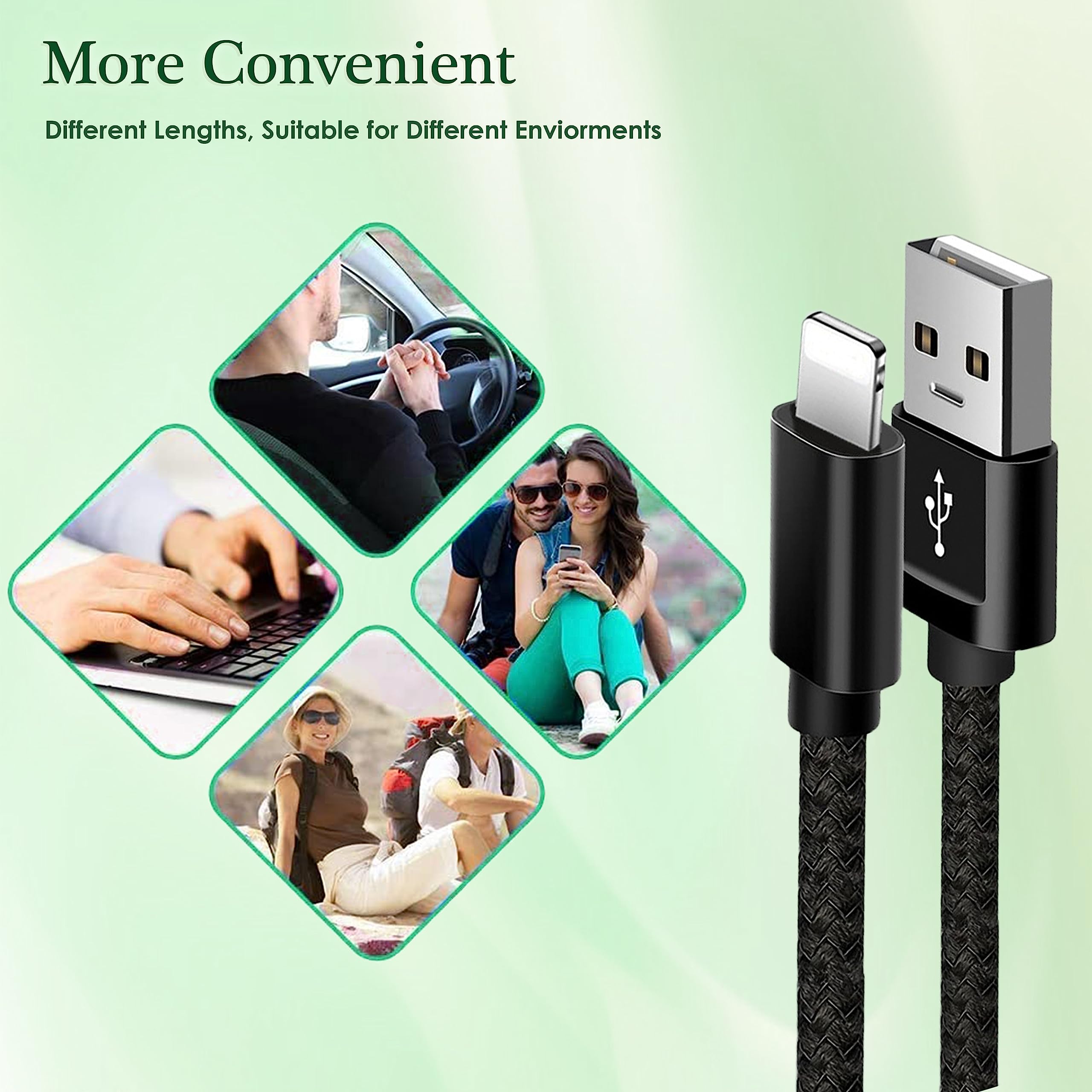 Premium Nylon Braided USB Charger Cable for iPhone 14/13/12/11/Pro Max/X/XS/XR/10/8/7/6/6s/5s/5/SE - 6.6FT Fast Charging Cord with Durable Silver Coating - Perfect for Home, Office, Car & Travel Charging