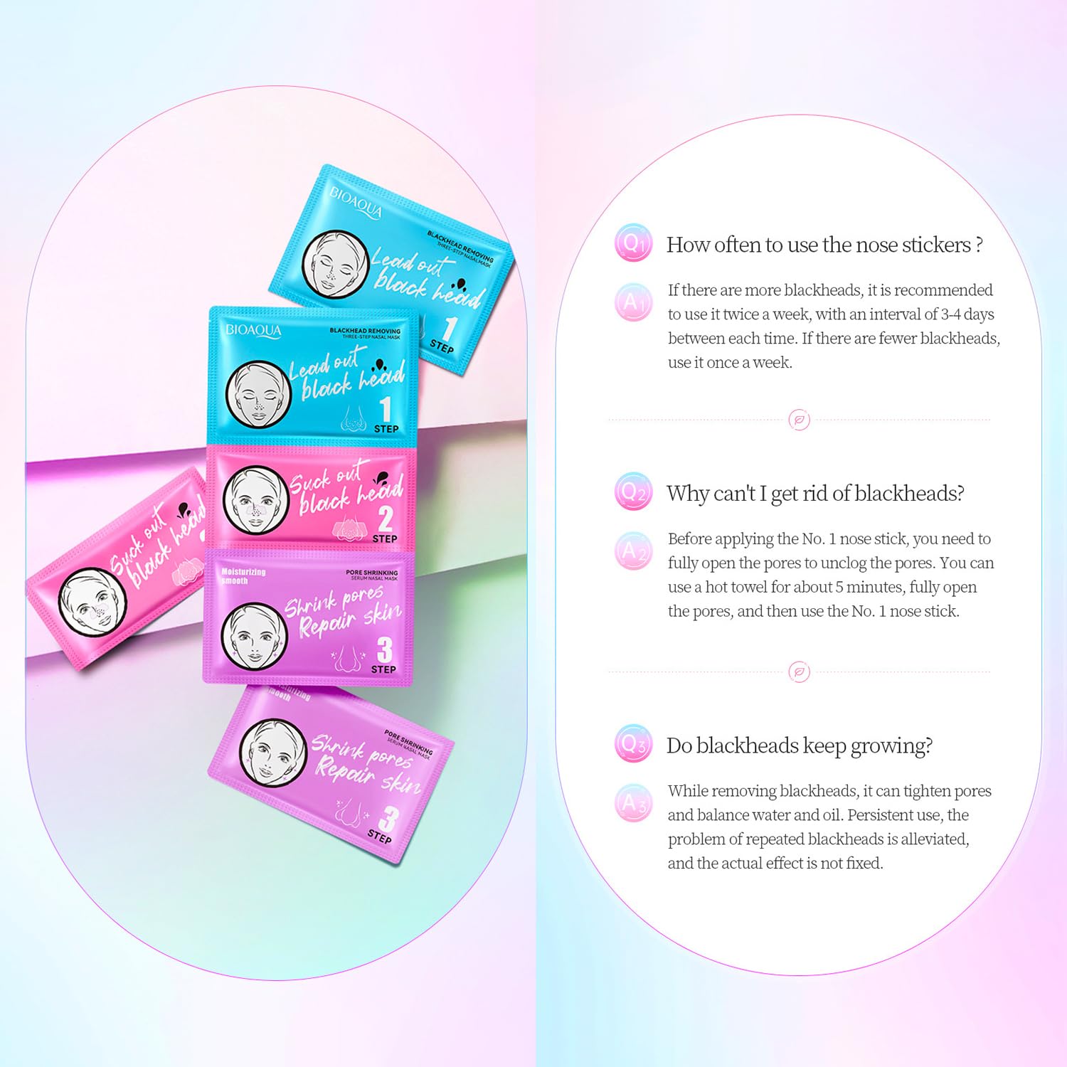 BIOAQUA 3-Step Blackhead Remover Kit - Deep Cleansing Nose Strips, Pore Minimizer Serum & Moisturizing Patches for Smooth Skin (7g x3) x5 Pack - Perfect for Acne Prone Skin & Blackhead Removal at Home
