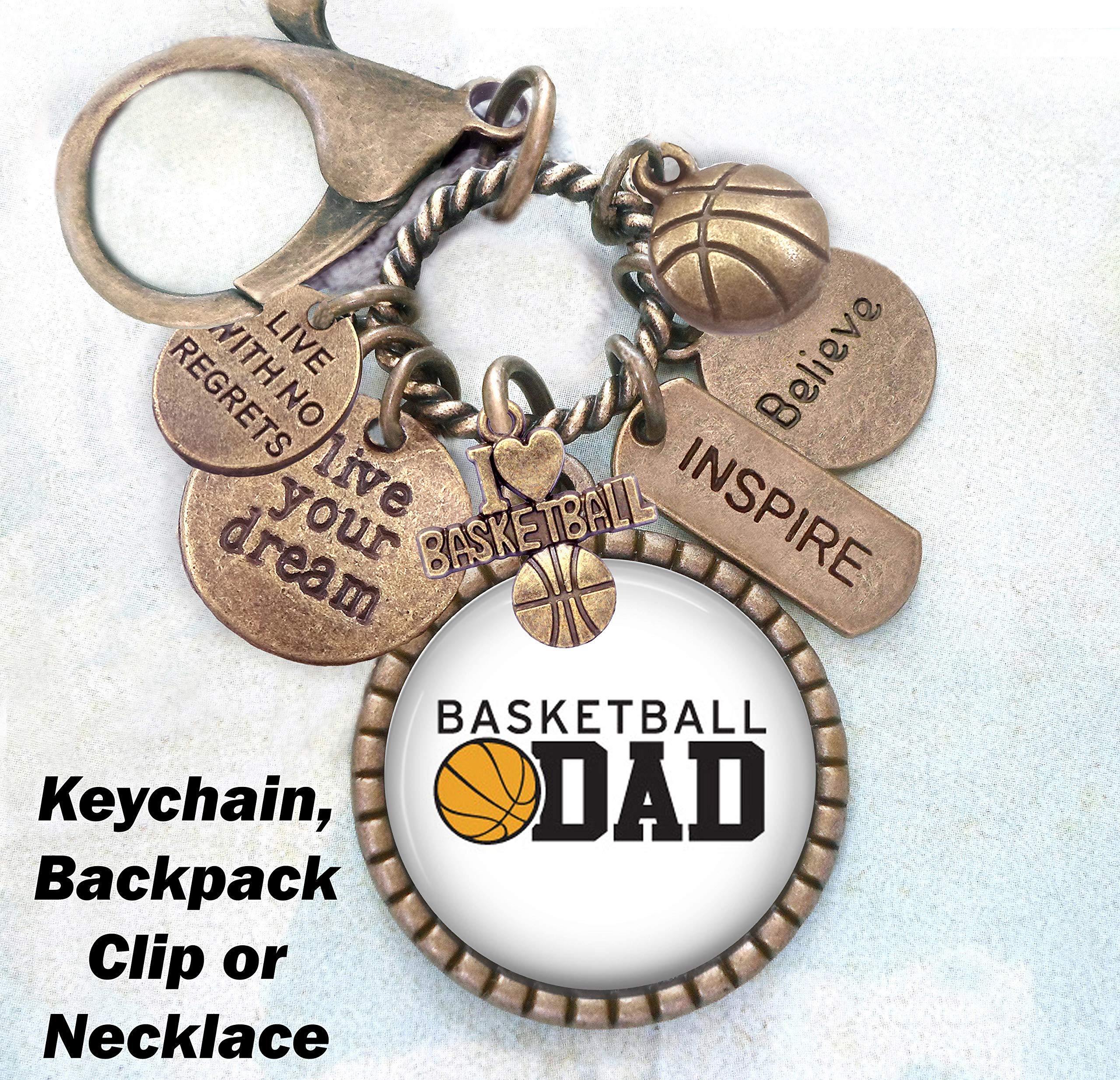 Basketball Dad Keychain - Personalized Sports Gift for Basketball Players & Athletes | Backpack Clip or Necklace for Men | Motivational 'Live Your Dream' & 'No Regrets' Design | Perfect Father's Day, Birthday Gift for Dad & Basketball Lovers | Great for Game Days, Training & Everyday Inspiration