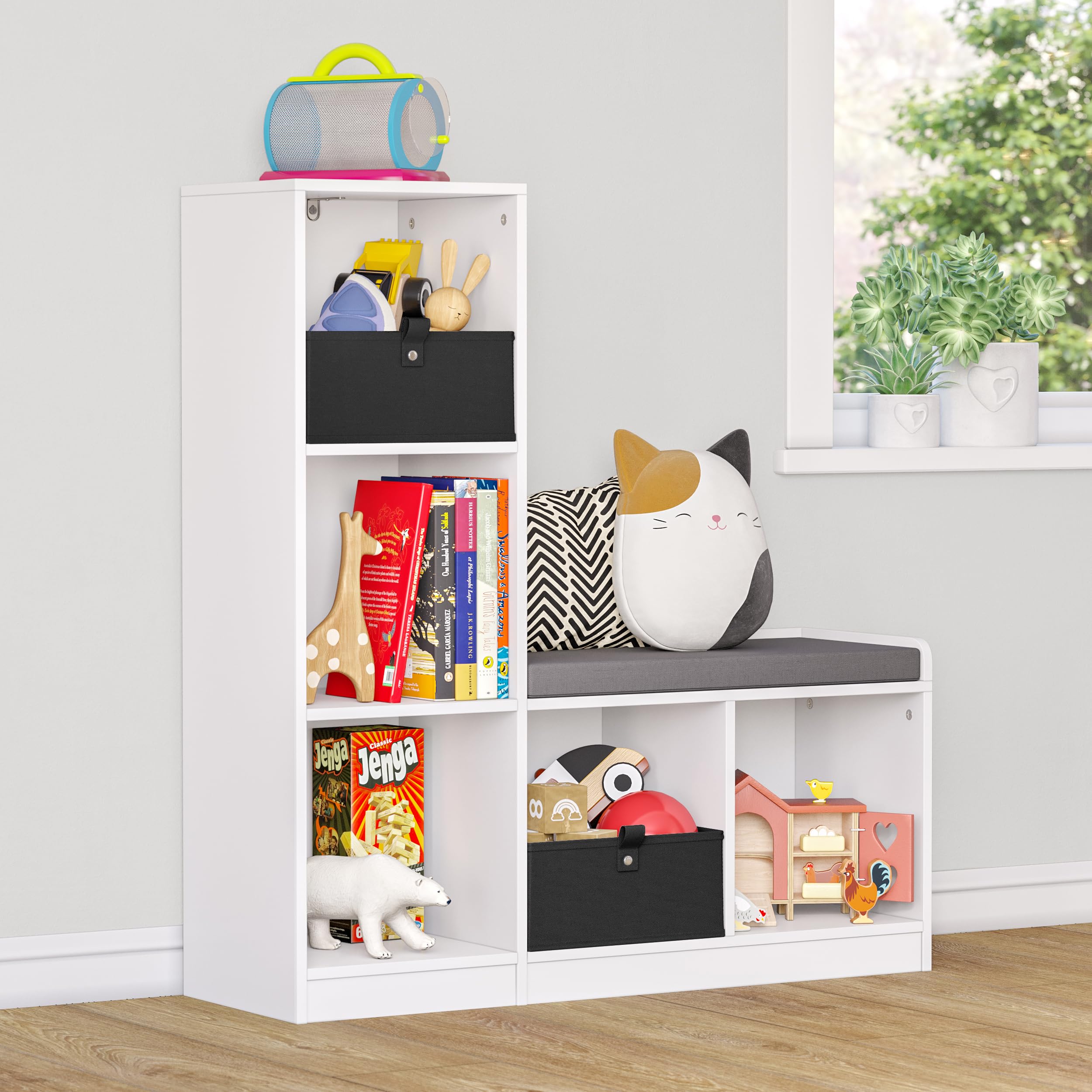RiverRidge Kids Toy Storage Organizer Bench - 5-Cubby Design with 2 Black Fabric Bins & Cushioned Seat | Perfect for Playroom, Bedroom & Book Nook Organization | Durable Toy Storage Solution for Kids' Rooms