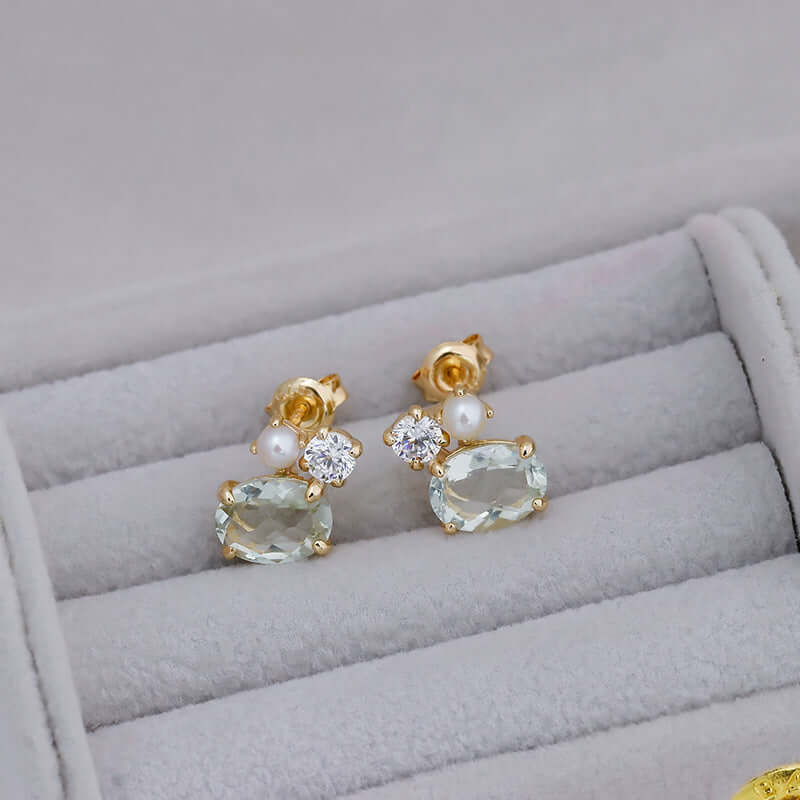 Elegant Green Amethyst and Pearl Stud Earrings for Women | Dainty Gemstone Jewelry Gift | Perfect for Weddings, Parties & Everyday Wear | TB2396