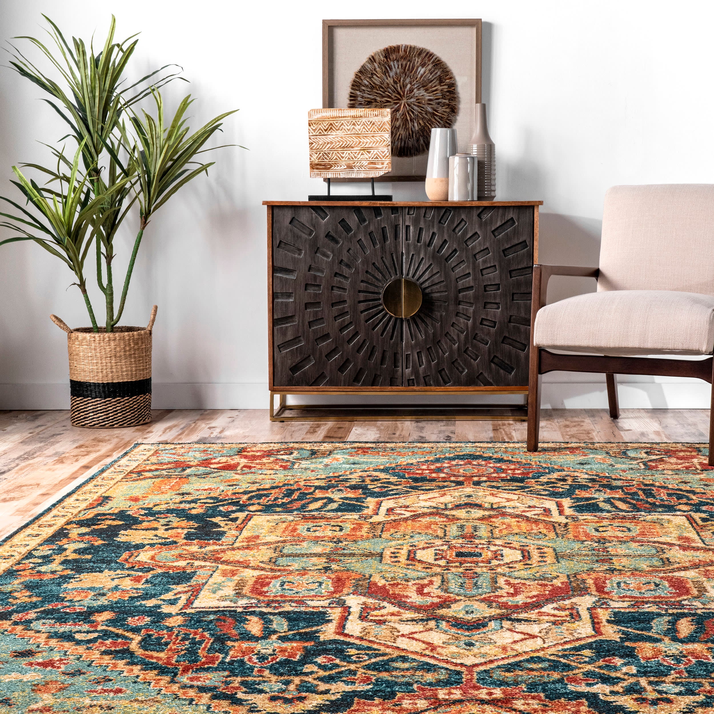 Luxury Diamond Medallion Area Rug - Green Persian Oriental Carpet for Living Room, Bedroom & Dining Room Decor