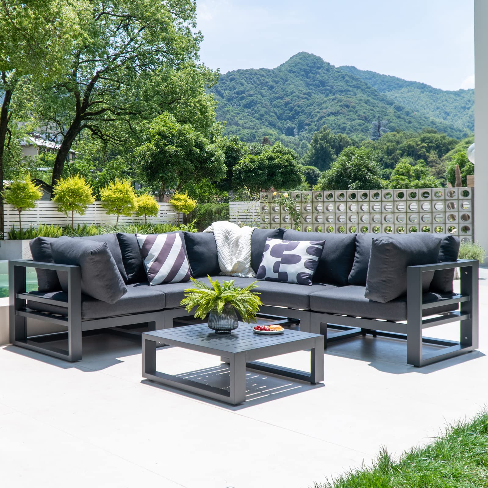 7-Piece Outdoor Patio Furniture Set - All-Weather Aluminum Sectional Sofa with Square Coffee Table & Dark Grey Cushions - Perfect for Backyard, Garden, Poolside & Deck Relaxation