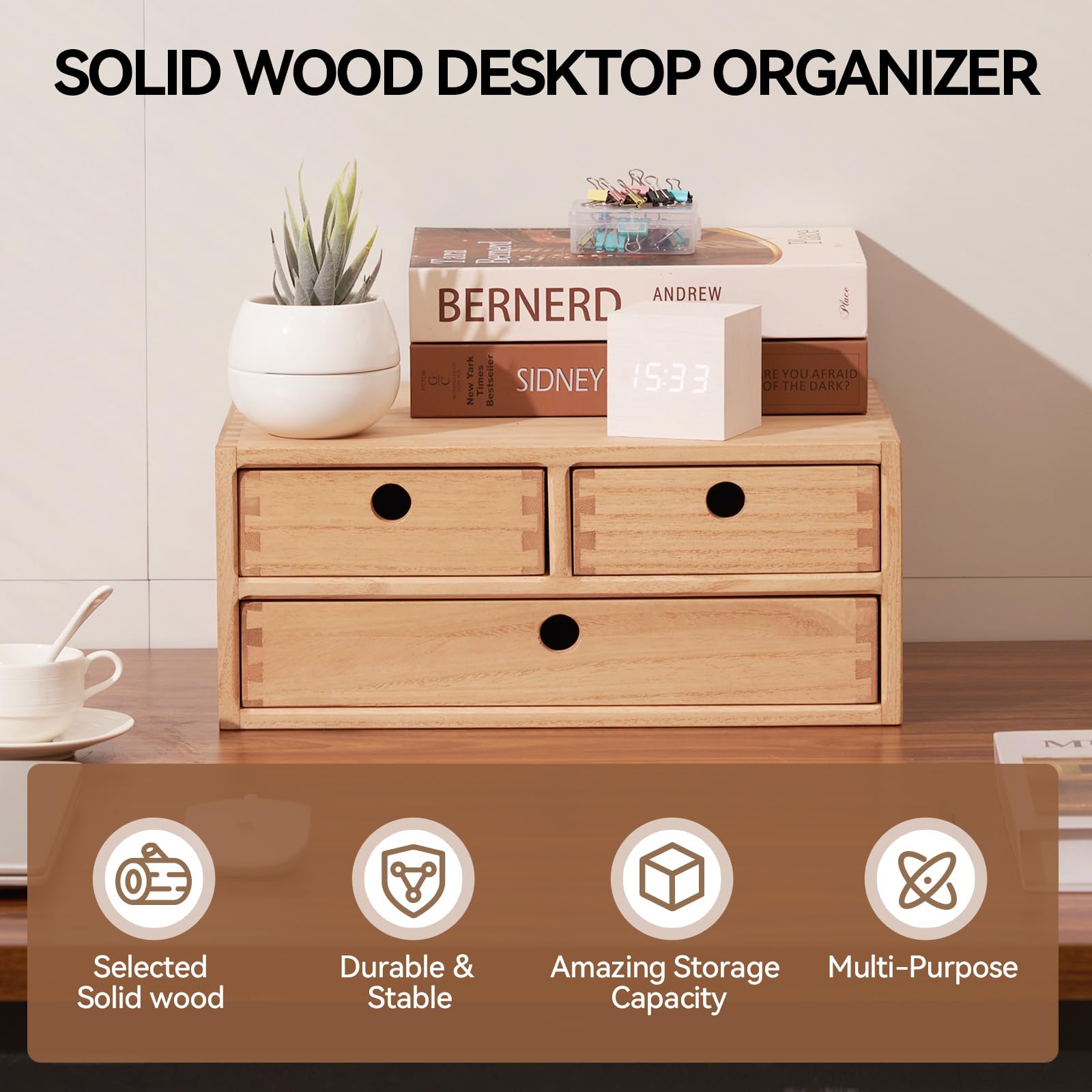 Kirigen Natural Wooden Desktop Organizer with 3 Drawers - 2-Layer Office Supplies & Jewelry Storage Shelf - Perfect for Home Office, Desk Organization, and Small Item Storage (NA, 2-Layer & 3 Drawers)