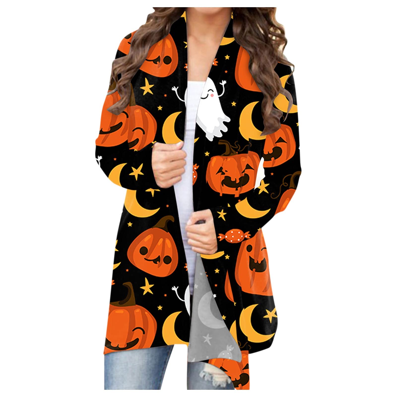 Women's Halloween Costume Cardigan Sweater - Cartoon Pumpkin Print Lightweight Open Front Long Sleeve Shirt | Perfect for Halloween Parties, Cosplay & Fall Fashion