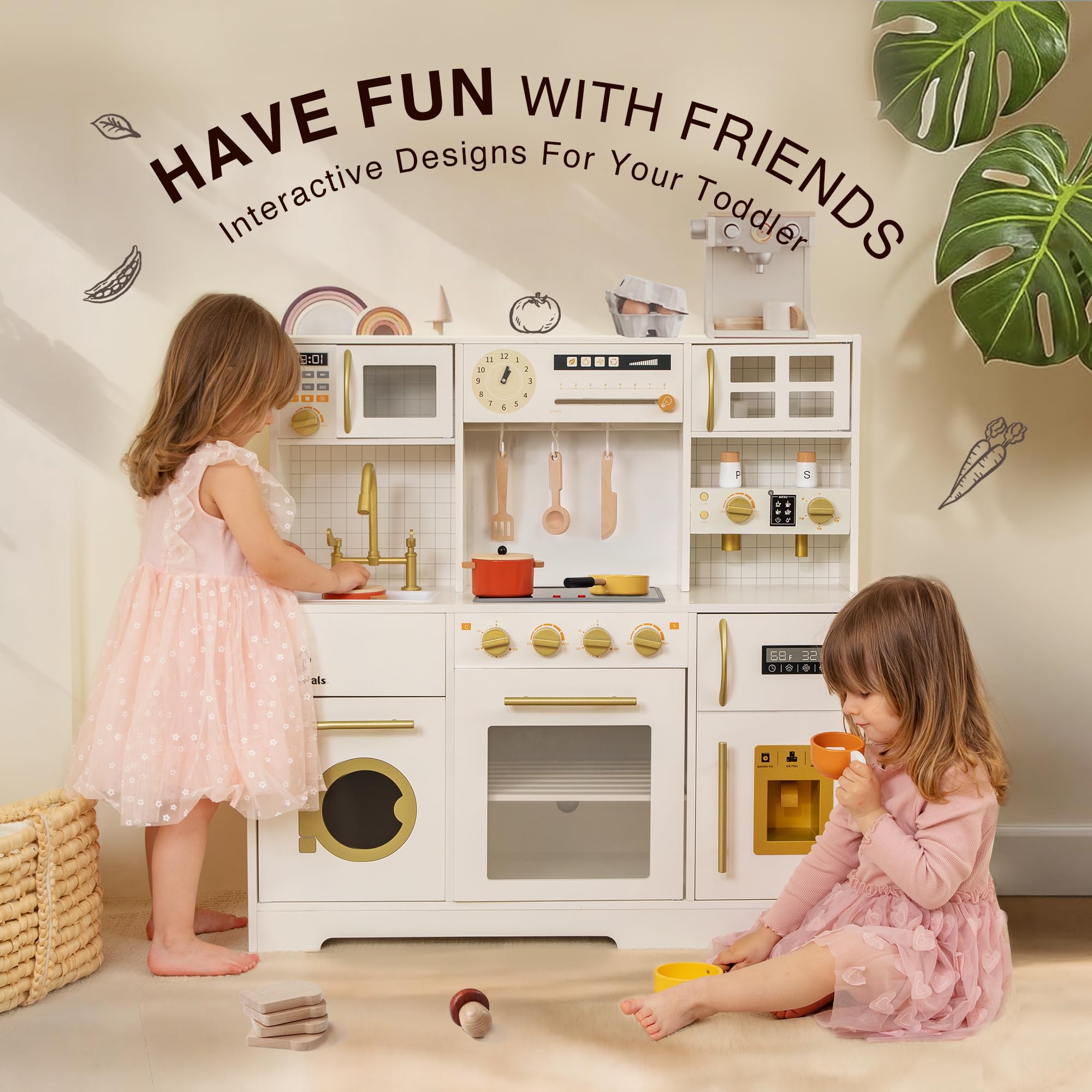 Modern Wooden Play Kitchen Set for Kids - Toy Kitchen with Oven, Ice Maker & Coffee Maker | Pretend Play Cooking Toys for Toddlers 3+ Years | Perfect Gift for Birthday & Christmas | Encourage Imaginative Play in Daycare or Home