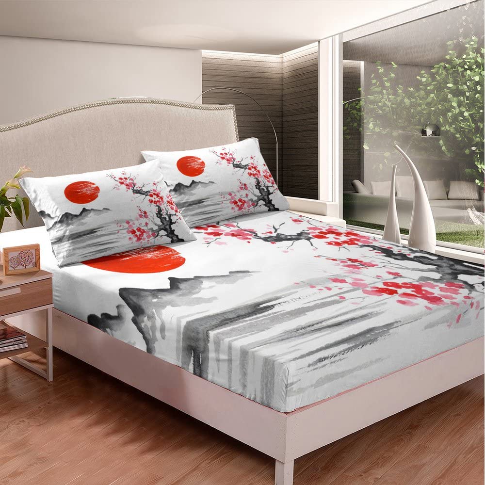 Japanese Cherry Blossom Mountain Bedding Set - Queen Size Fitted Sheet with Deep Pockets, Breathable Black & Red Ink Art Design for Kids Boys Girls | Exotic Japanese-Style Bed Cover for Home Decor, Dorm Room, or Gift