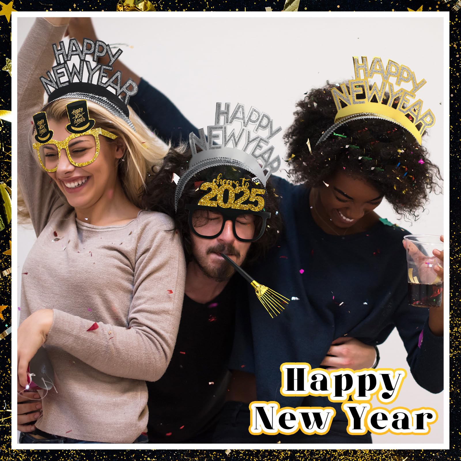 72 Pcs New Years Eve Party Supplies 2025 - Happy New Year Glasses, Headbands, Tiaras & Noise Makers for Countdown Celebration - Perfect for NYE Parties, Ball Drop Events & Festive Gatherings