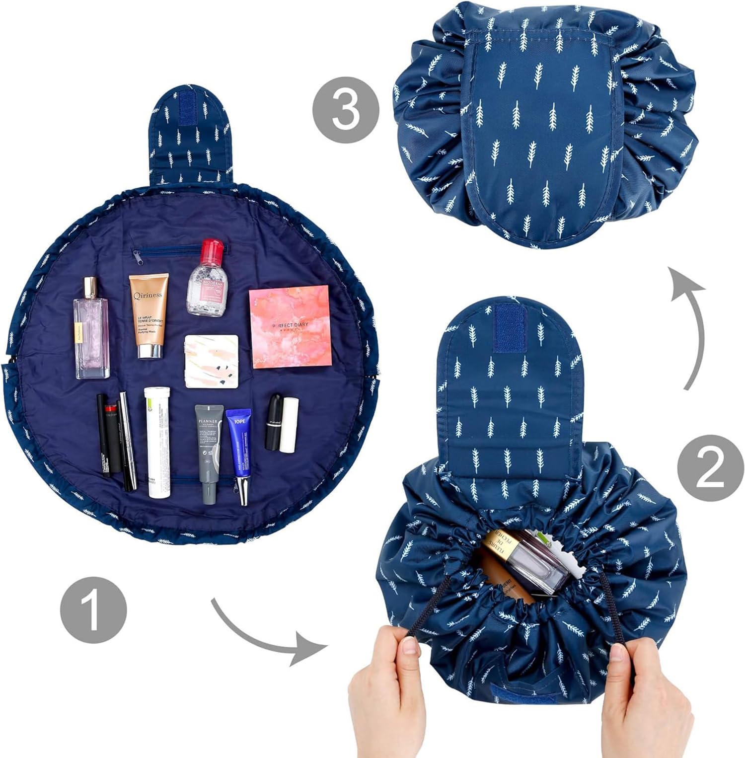 House of Quirk Multifunctional Drawstring Makeup Pouch - Cosmetic & Toiletry Organizer Bag for Women (Dark Blue Leaf) - Perfect for Travel, Gym & Daily Essentials Storage