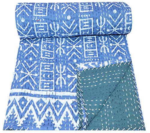 Handmade Indian Kantha Quilt - 100% Cotton Soft Patchwork Blanket for Bed, Sofa & Decor | Traditional Blue Throw Bedspread for Cozy Home, Living Room & Guest Room | Perfect for Gifts, Yoga & Meditation Spaces