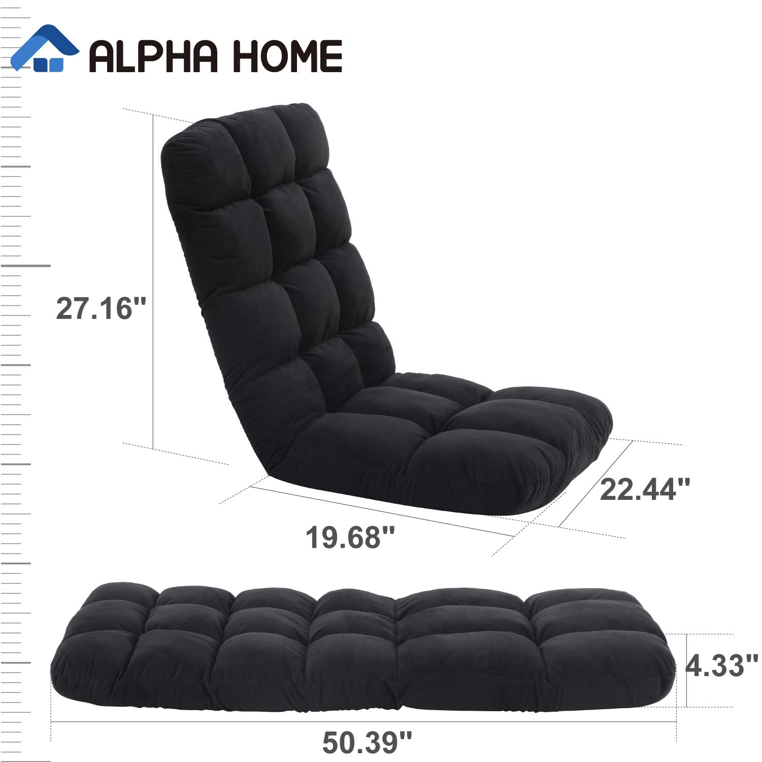 ALPHA HOME Adjustable Floor Chair with Backrest & Cushion - 4-Position Gaming Rocker, Folding Recliner Sofa for Living Room - Ergonomic Lounge Chair for Reading, Watching TV, Gaming & Relaxing (Black)