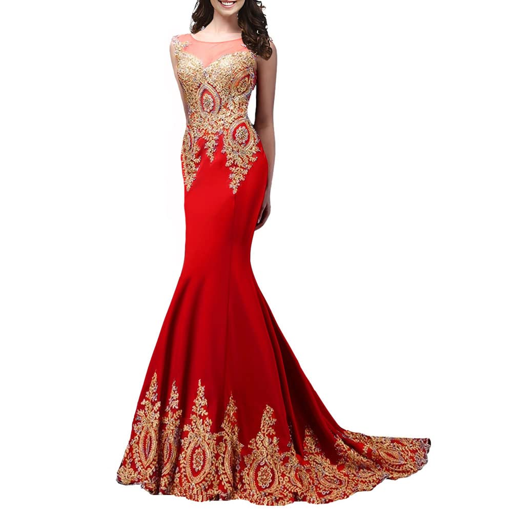 Lemai Shiny Crystal Mermaid Evening Gown - Gold Lace Formal Prom Dress for Women | Elegant Pageant & Wedding Guest Dress