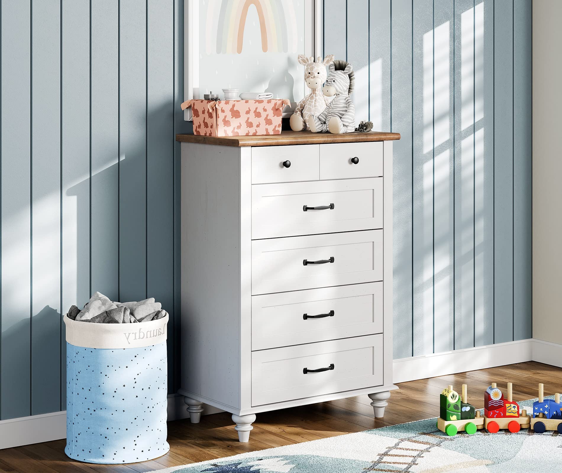 Modern White Dresser with 5 Drawers - Solid Wood Legs for Bedroom Storage | Farmhouse Kids Dresser Organizer