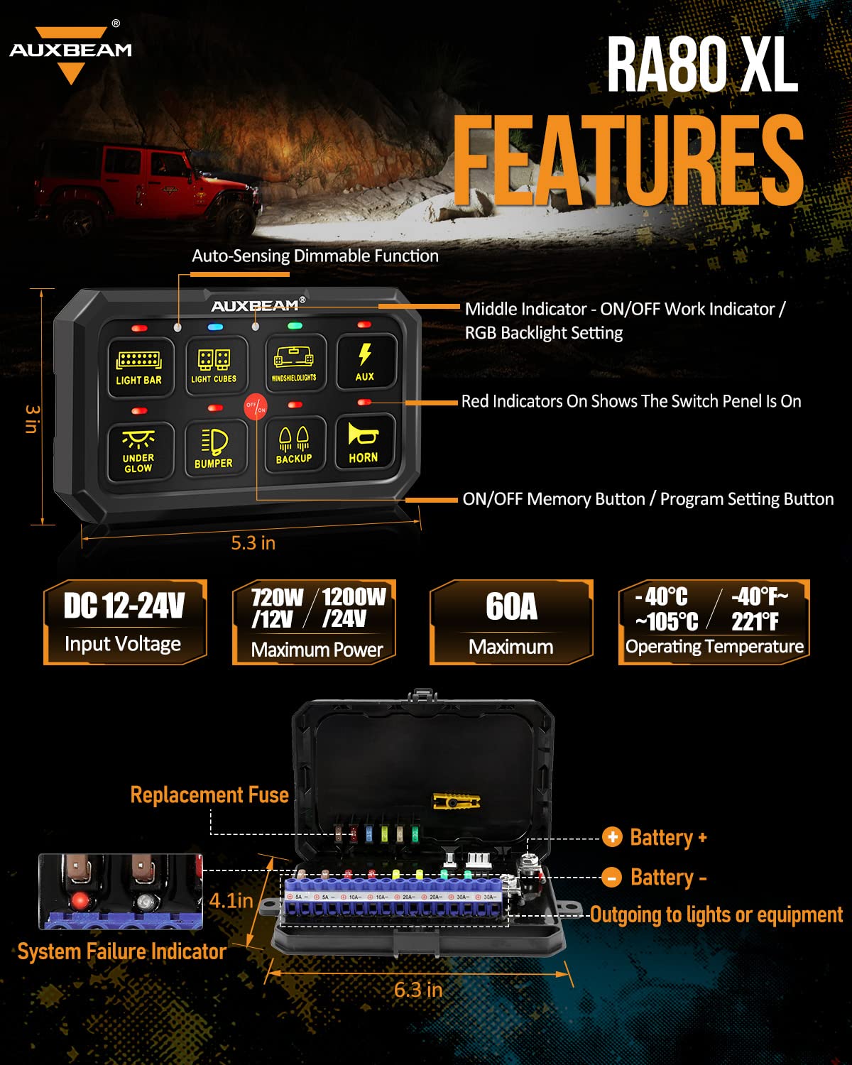 Auxbeam 8 Gang RGB Switch Panel 5 Inch Large - 12V Toggle Momentary Pulsed Control Panel for Car, Truck, SUV, RV, Camper Van | Offroad Accessories with 2 Year Warranty | Perfect for Interior Lighting, Audio Systems & Offroad Vehicle Customization