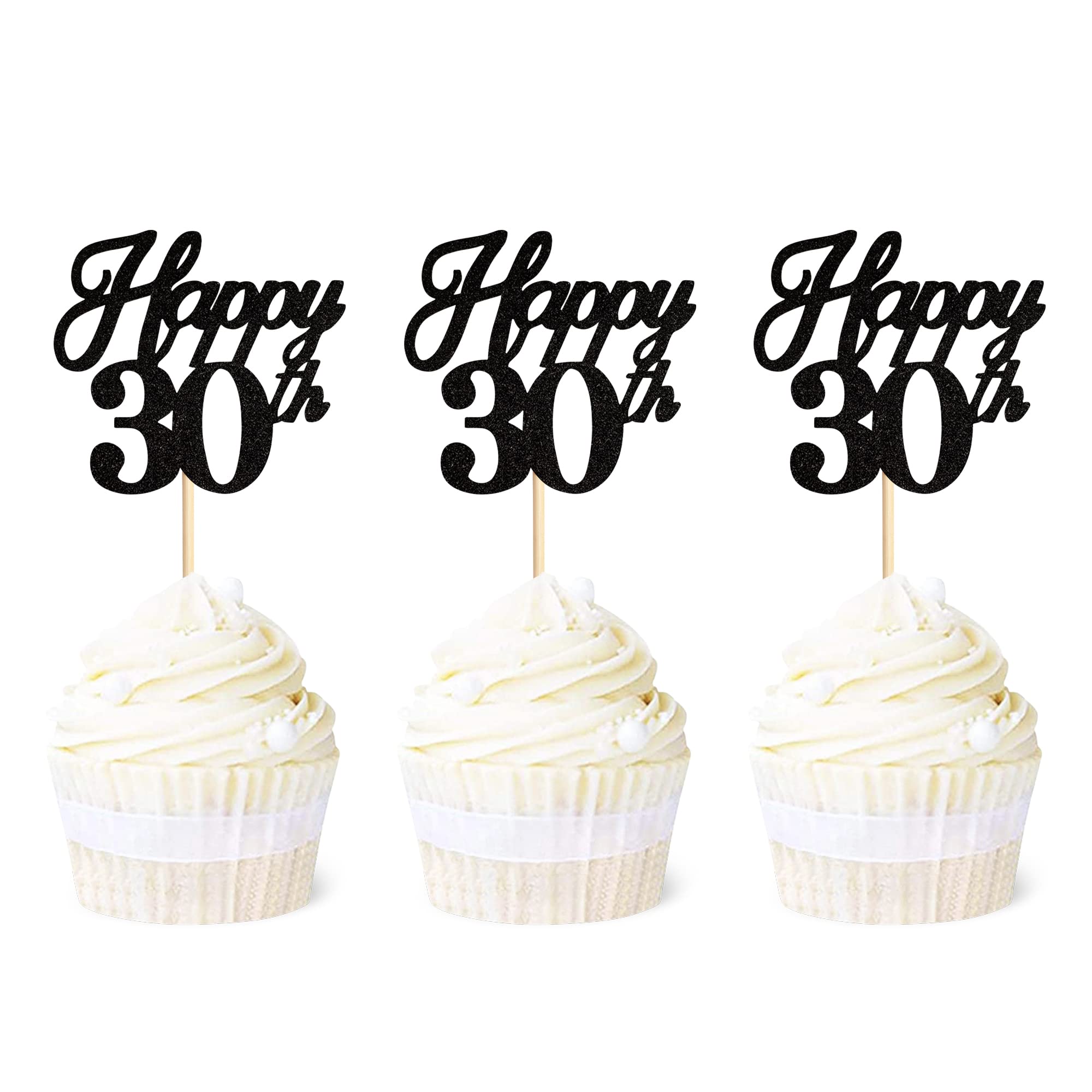 Ercadio 24 Pack Happy 30th Birthday Cupcake Toppers - Black Glitter 30th Cupcake Picks, Hello 30 Cupcake Decorations for Birthday, Wedding, Anniversary Party Cake Decor Supplies - Perfect for Milestone Celebrations & Dessert Table Displays