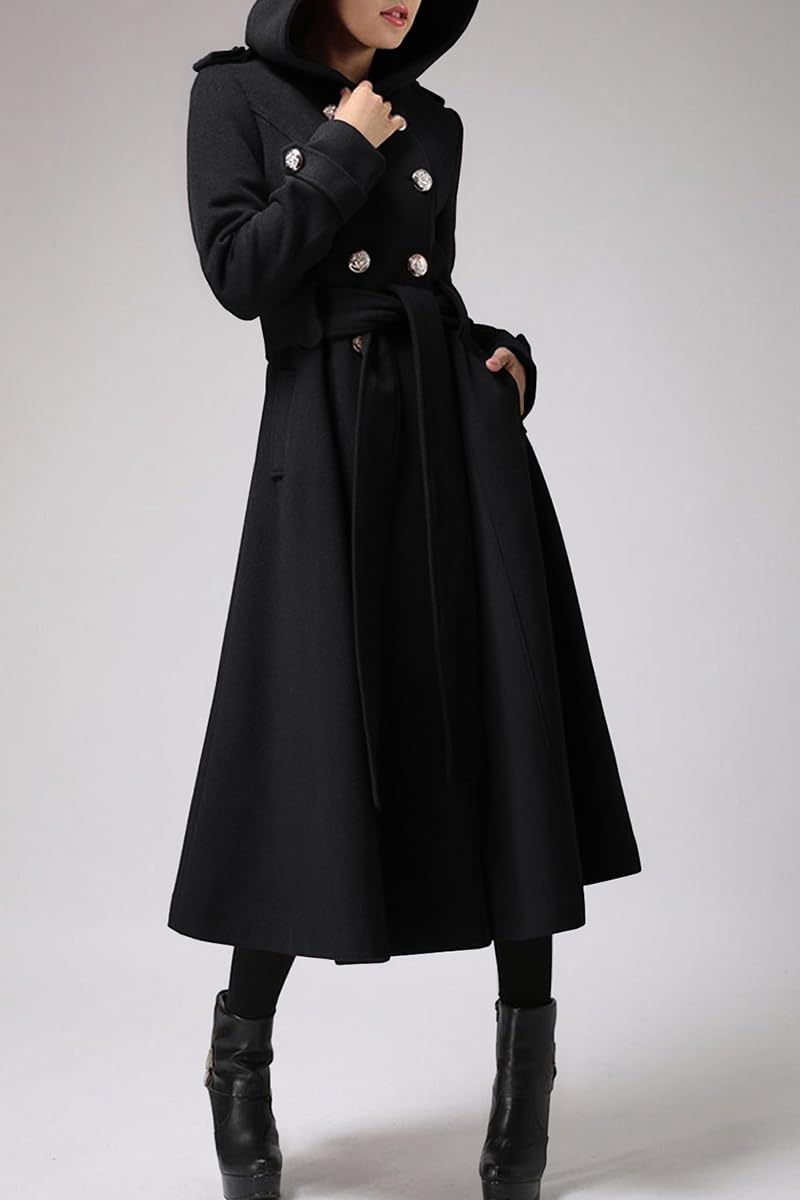 Cicy Bell Women's Long Double-Breasted Hooded Winter Wool Trench Coat with Belt - Warm Outerwear for Cold Weather, Office & Casual Wear