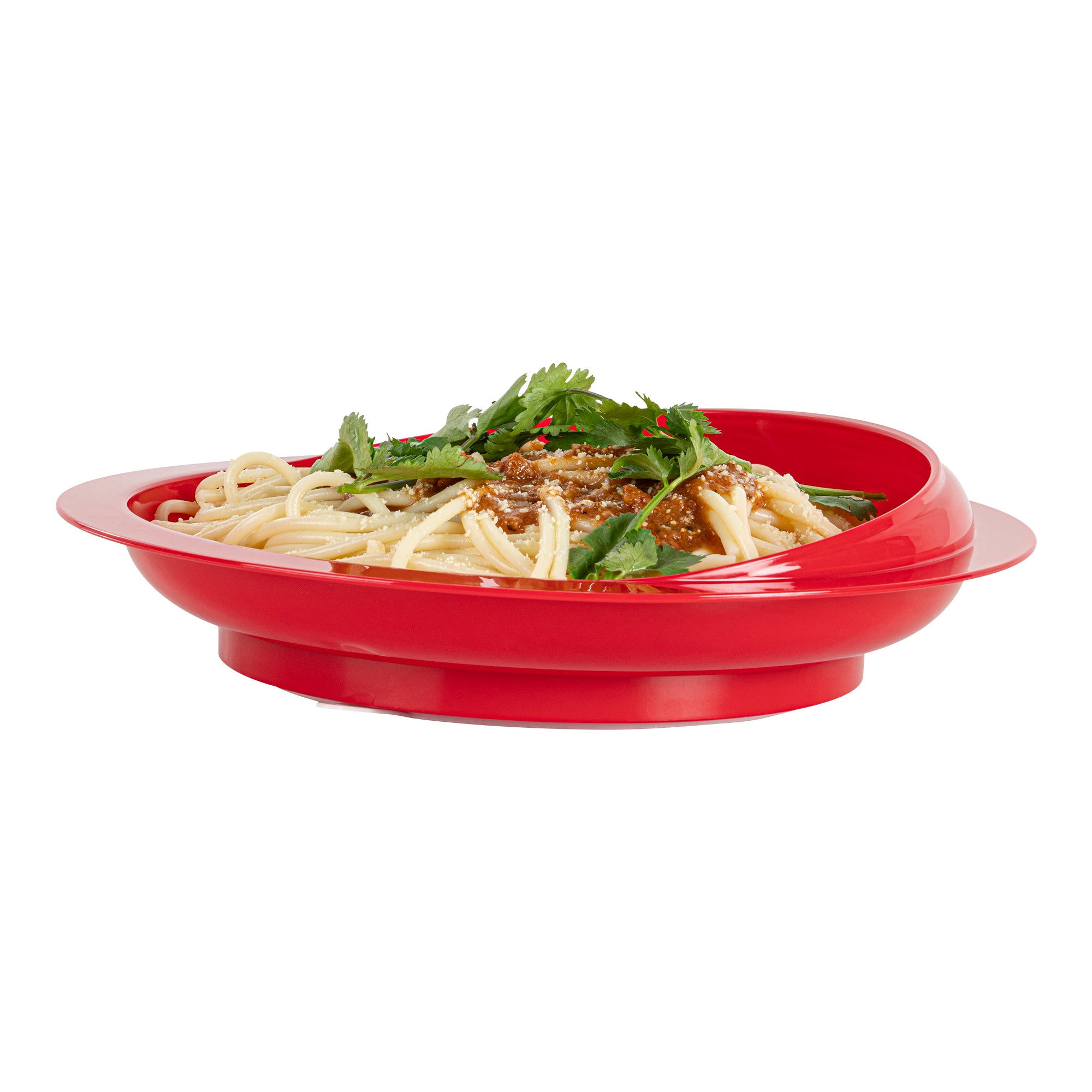 Adapt Tek Round Red Plastic Scoop Plate - Spillproof with Suction Base, 9 x 9 x 2.25 Inches, 1 Count - Perfect for Baby Feeding, Toddler Mealtime & Special Needs Dining
