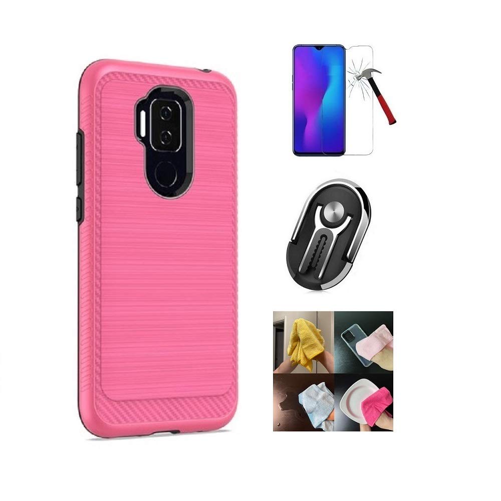 Shockproof Dual Layer Case for AT&T Maestro Plus & Cricket Influence - Brushed Texture Protective Cover with Ring Stand, Kickstand & Car Mount + Tempered Glass Screen Protector (Pink) - Perfect for Work, Travel & Everyday Protection