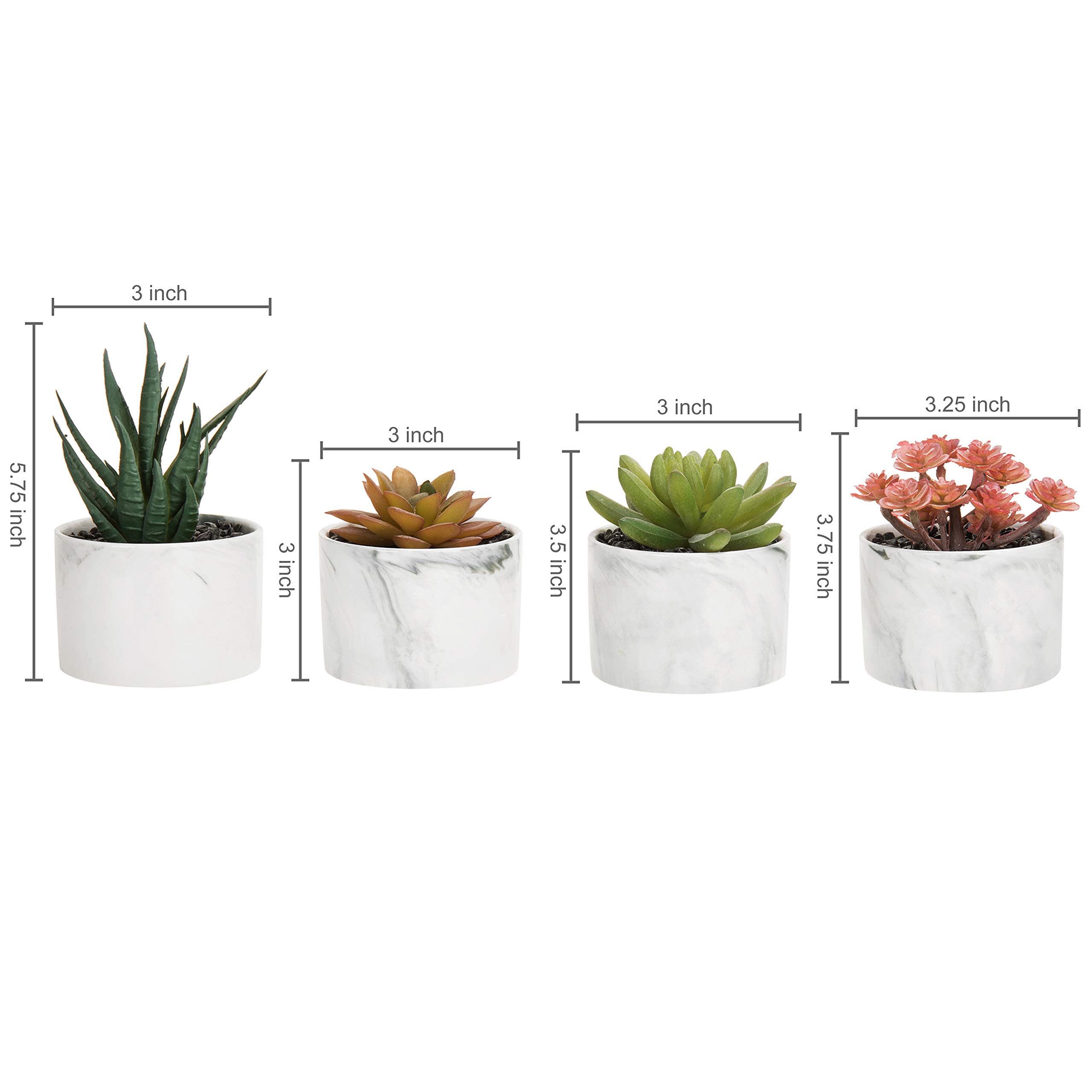 Set of 4 Artificial Succulents in White Marble Ceramic Pots - 3 Inch Fake Plants for Home Decor, Office Desk, Shelf Display & Wedding Centerpieces