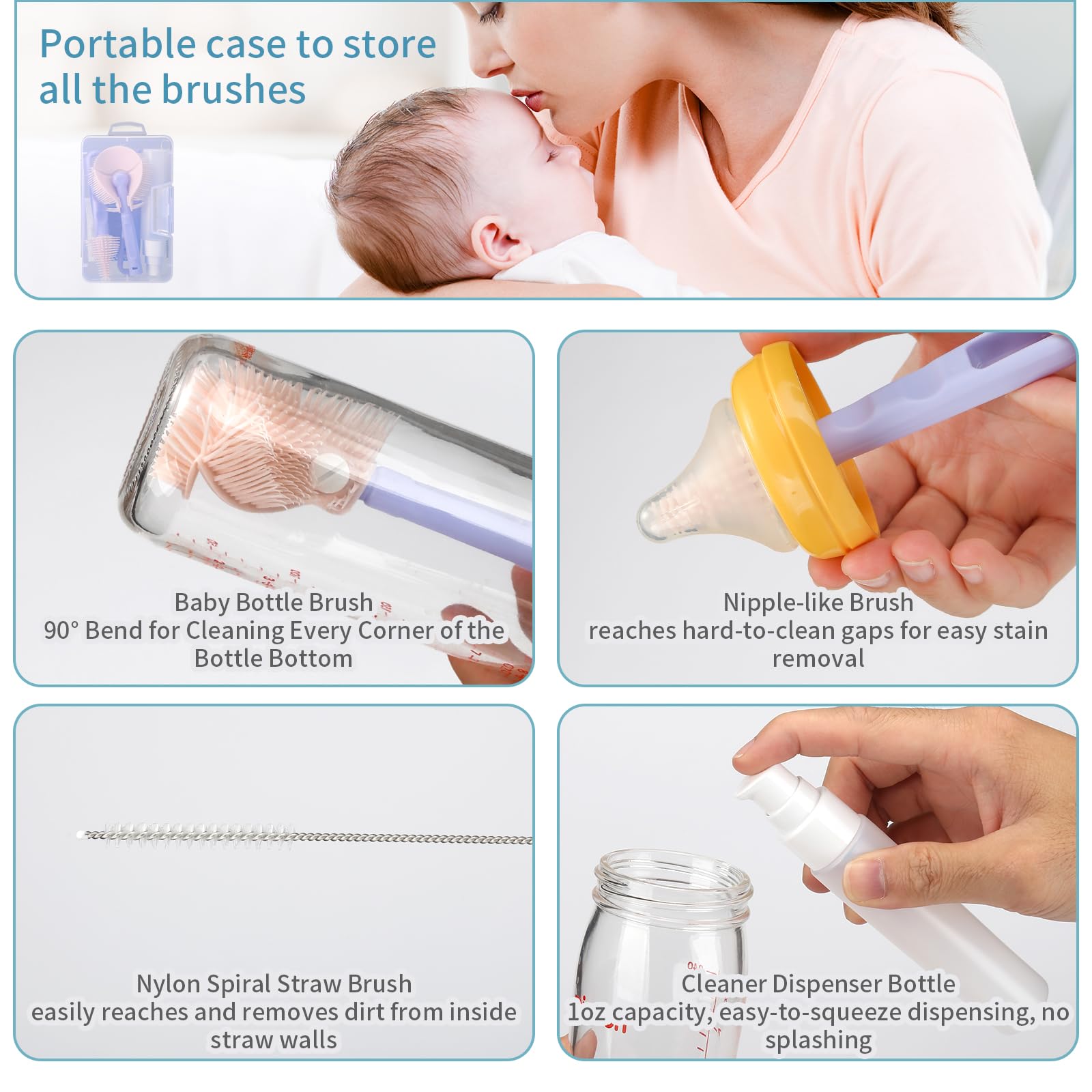 VOOWO Portable Baby Bottle Cleaning Kit - Silicone Straw & Nipple Brush with Soap Dispenser | Travel-Friendly Bottle Cleaner for Infants | Perfect for Home, Daycare & On-the-Go (Purple)