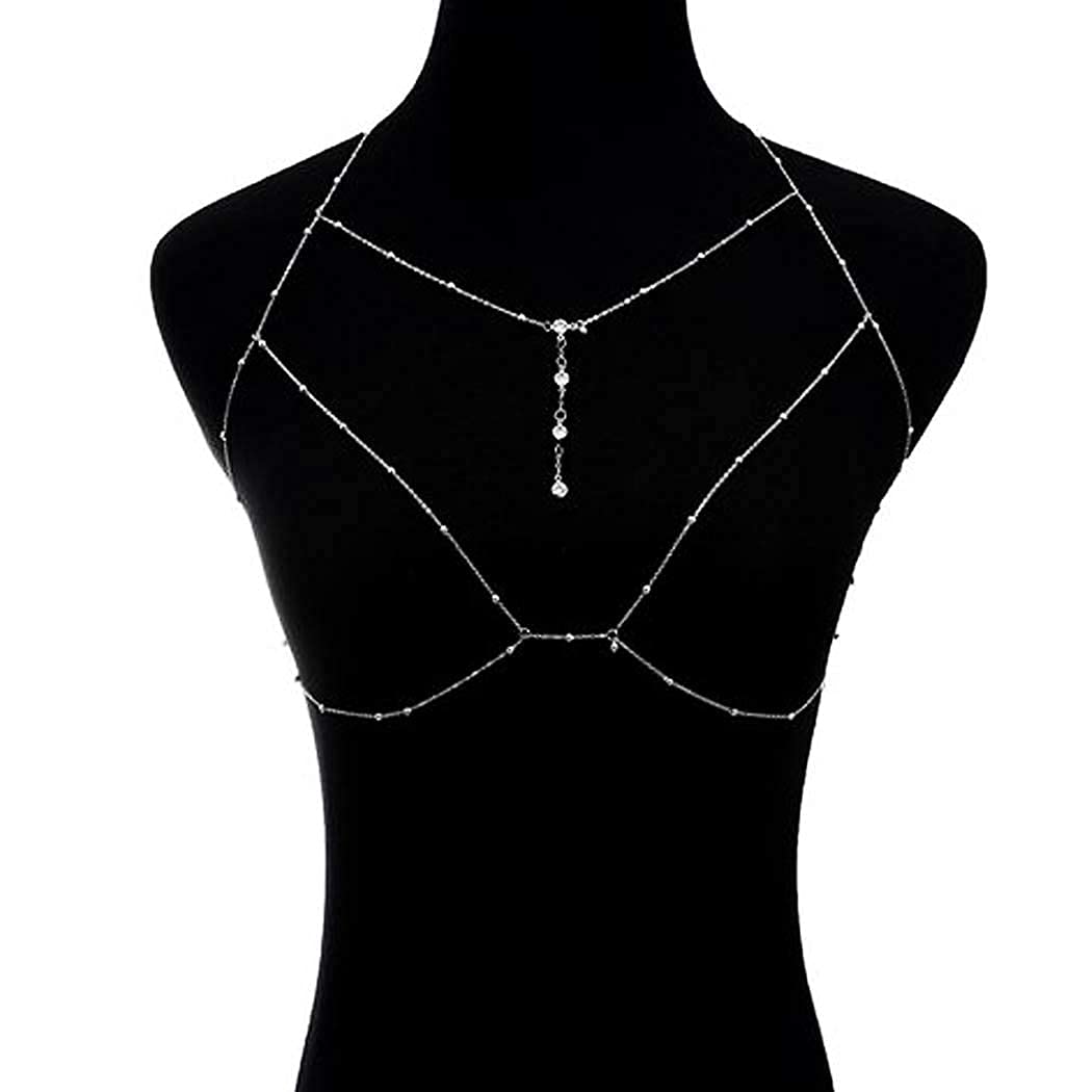 Sexy Rhinestone Body Chain for Women - Silver Layered Bra Jewelry with Crystal Beads | Waist Accessory for Parties, Beach & Date Nights