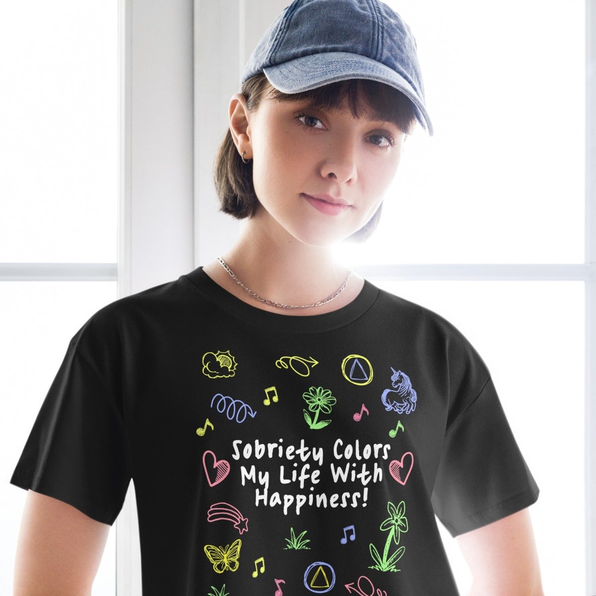 Sobriety Colors My Life With Happiness Doodle Art Crop Top - Trendy Women's Graphic Tee for Casual Wear, Street Style & Summer Outfits
