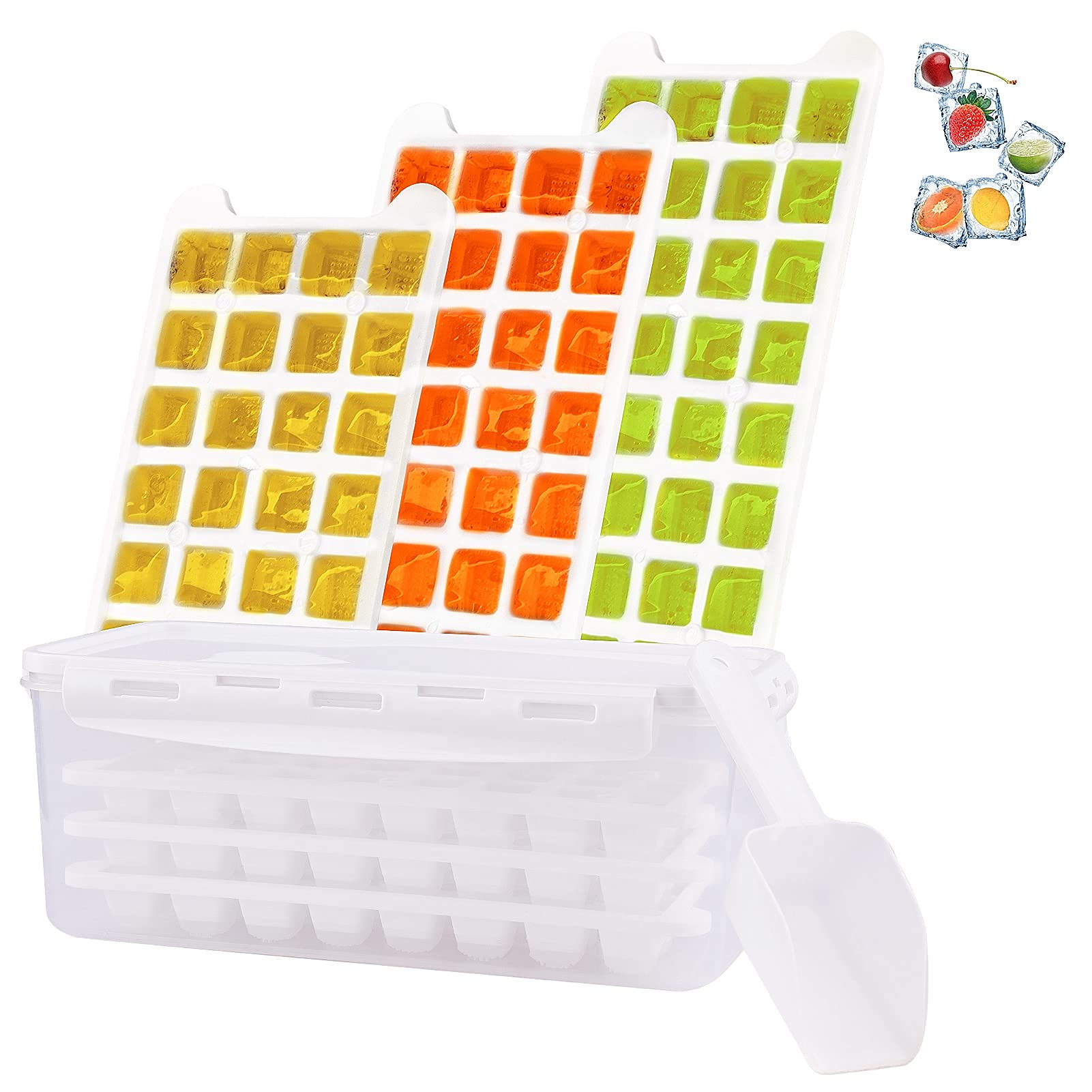 ZIIMAO Stackable Silicone Ice Cube Trays with Airtight Container - 3 Pack with Scoop for Rectangular Ice Cubes - Perfect for Cocktails, Beverages & Meal Prep