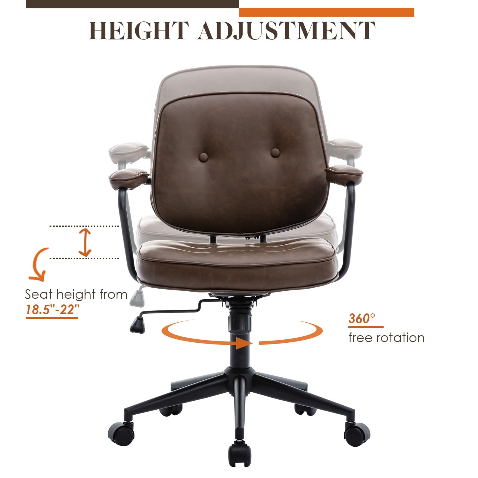 Ergonomic PU Leather Office Chair with Adjustable Height & Swivel - Mid Back Executive Desk Chair for Home Office, Gaming & Conference Rooms - Comfortable Rolling Task Chair for Long Hours Sitting - Perfect for Remote Work, Workspace & Study Room