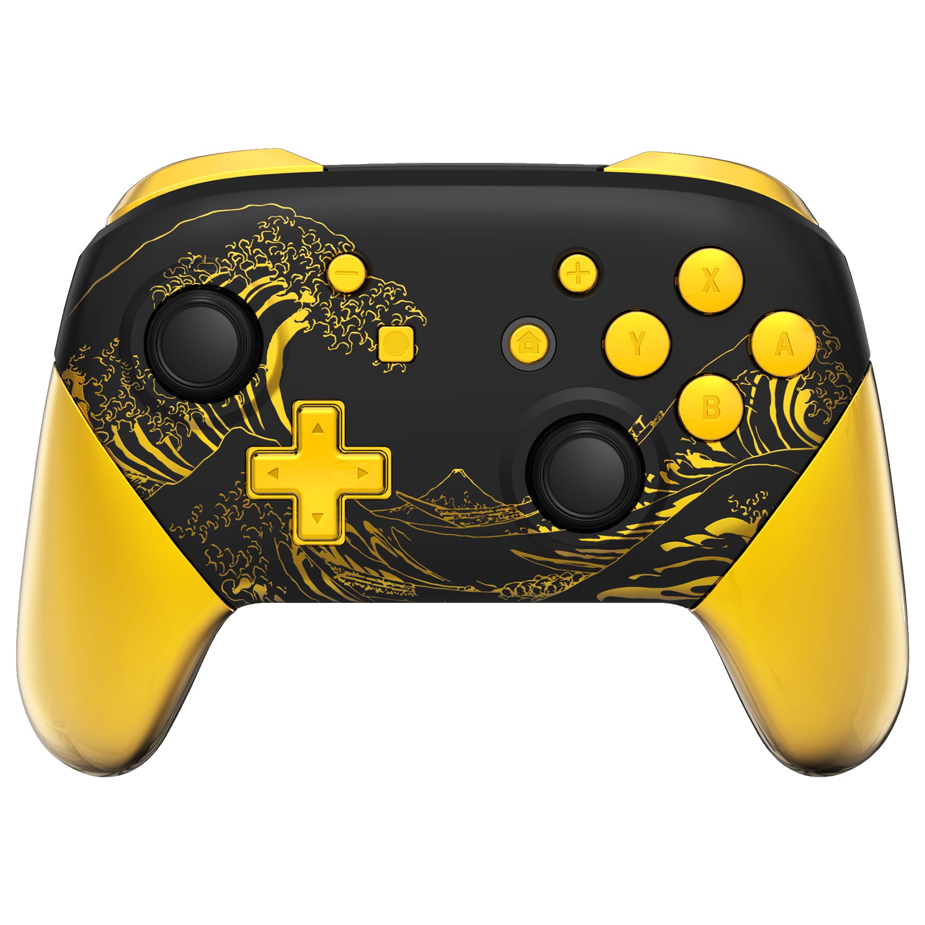 eXtremeRate Golden Wave Off Kanagawa Black Faceplate & Backplate Handles for Nintendo Switch Pro Controller - Custom Replacement Parts (Controller Not Included) - Perfect for Gaming Enthusiasts & DIY Modders
