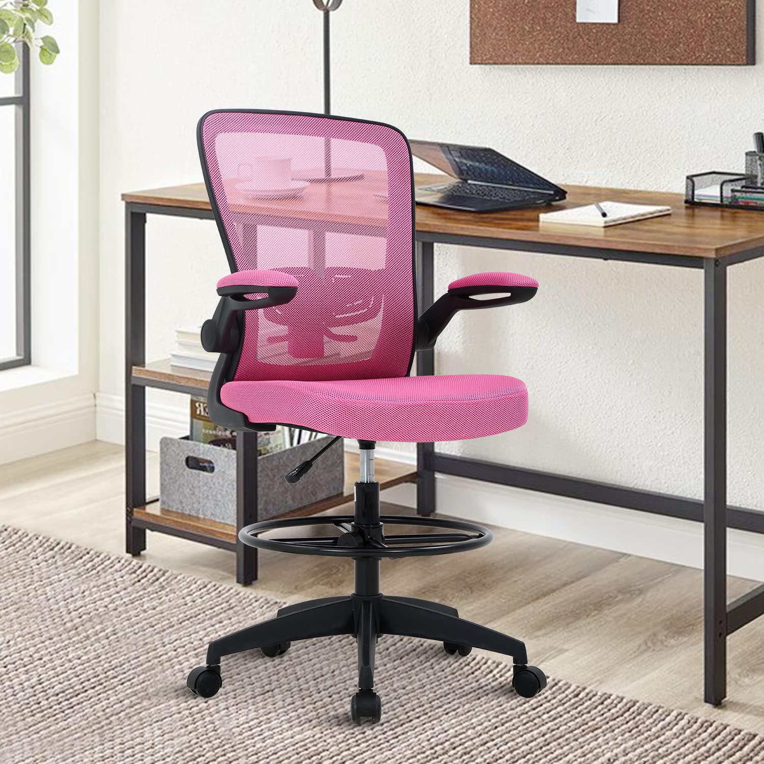 Ergonomic Drafting Chair with Lumbar Support, Flip-Up Arms & Footrest - Adjustable Tall Office Chair, Swivel Rolling Standing Desk Task Chair, Mid Back Mesh Computer Chair (Pink) - Perfect for Architects, Designers & Home Office Workspaces