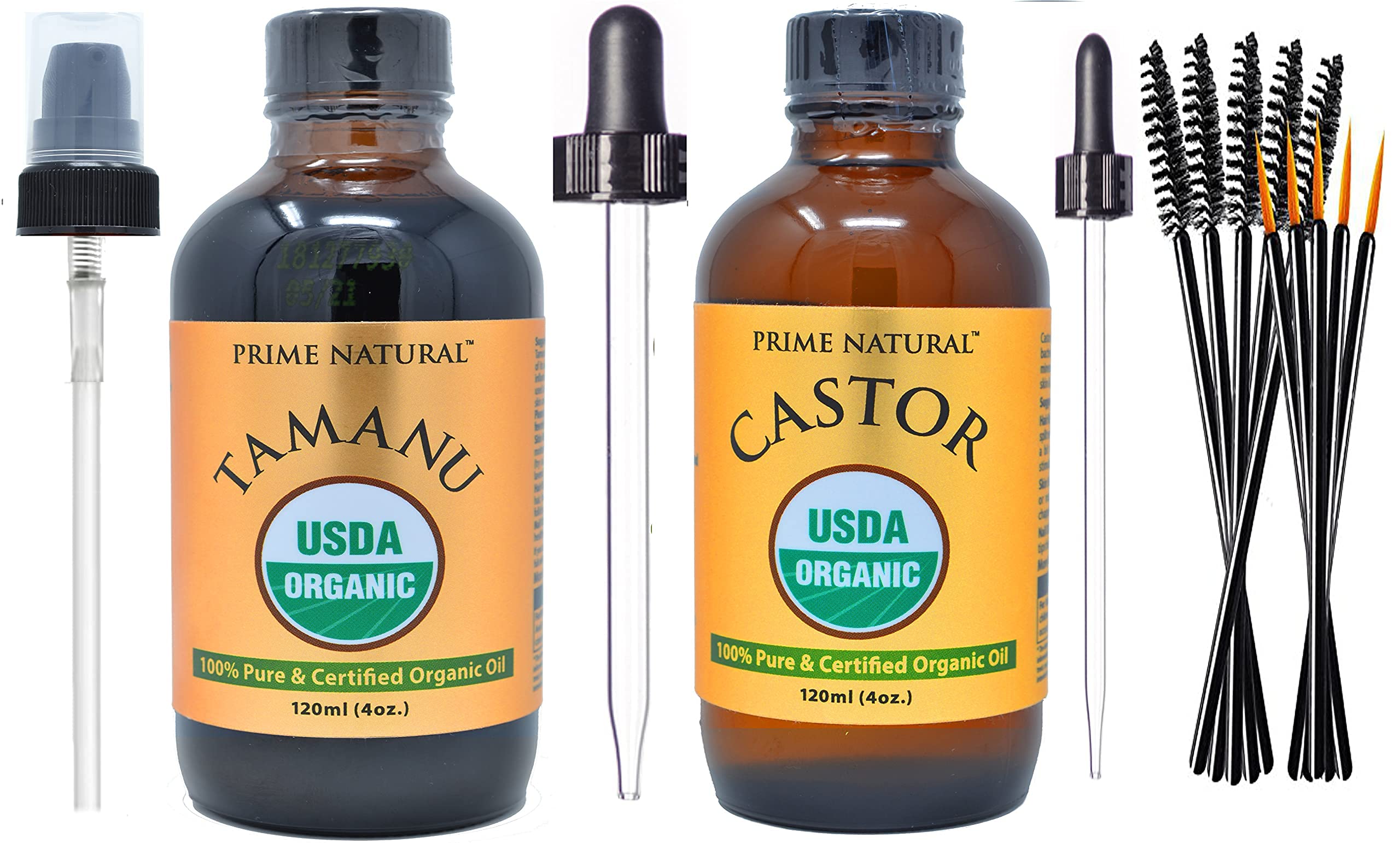Organic Tamanu Oil & Castor Oil Bundle (4oz Each) - USDA Certified, Cold Pressed, Virgin, Unrefined - Vegan Face, Hair & Skin Moisturizer - Natural Treatment for Acne, Scars, Dry Skin & Hair Growth - Perfect for DIY Beauty & Aromatherapy