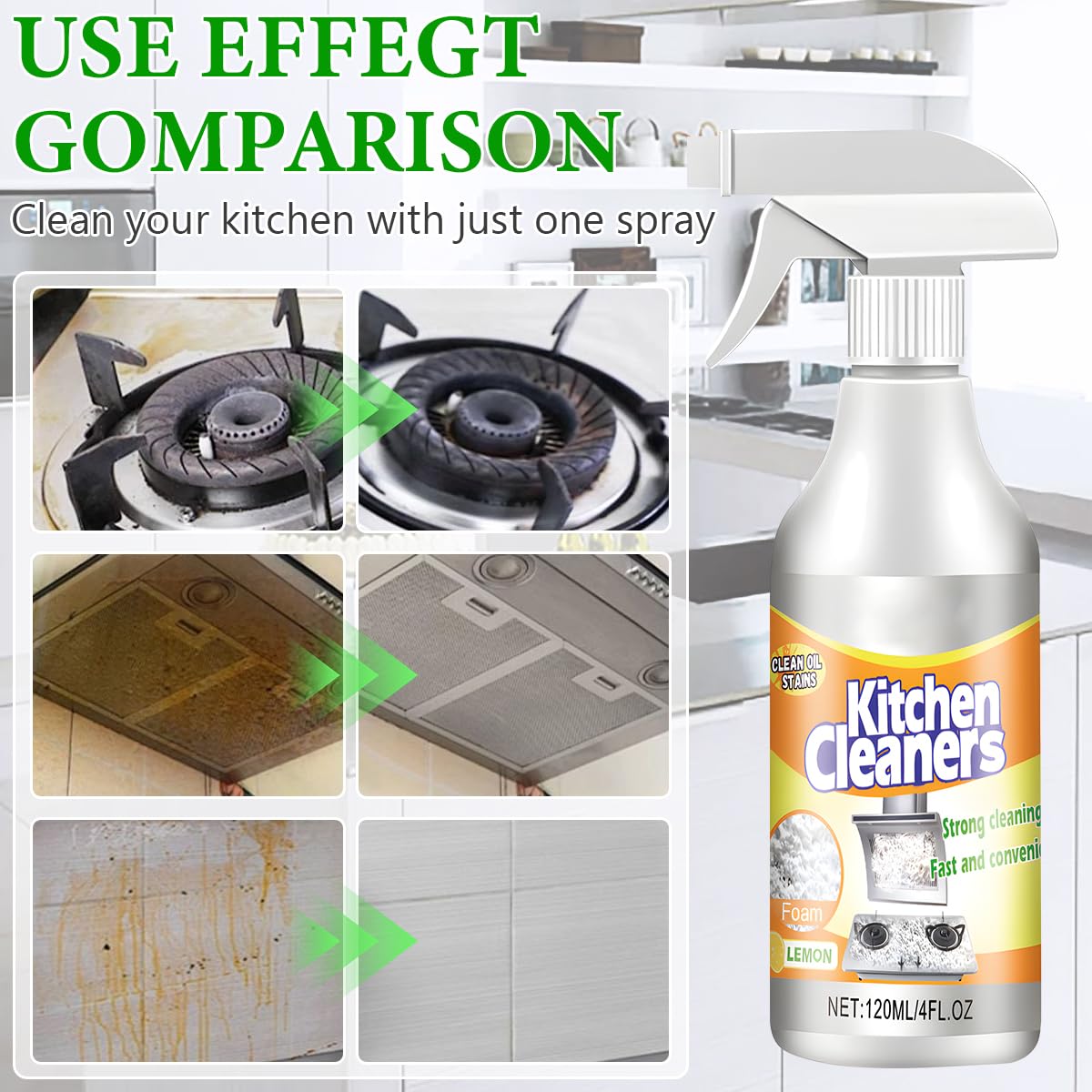 2-Pack Kitchen Foam Cleaner for Stubborn Stains - All-Purpose Cookware Cleaner for Pots, Pans & Range Hoods - Powerful Grease & Grime Remover Spray (4 Fl.oz/120ml) - Ideal for Deep Cleaning Stovetops, Ovens & Kitchen Surfaces