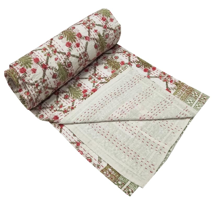 Handmade Indian Kantha Quilt - 100% Cotton Super Soft Queen Size Bedspread, Throw Blanket & Bed Cover (White, 90x60 Inches) - Perfect for Cozy Bedroom Decor, Guest Room Essentials & Boho Chic Home Styling