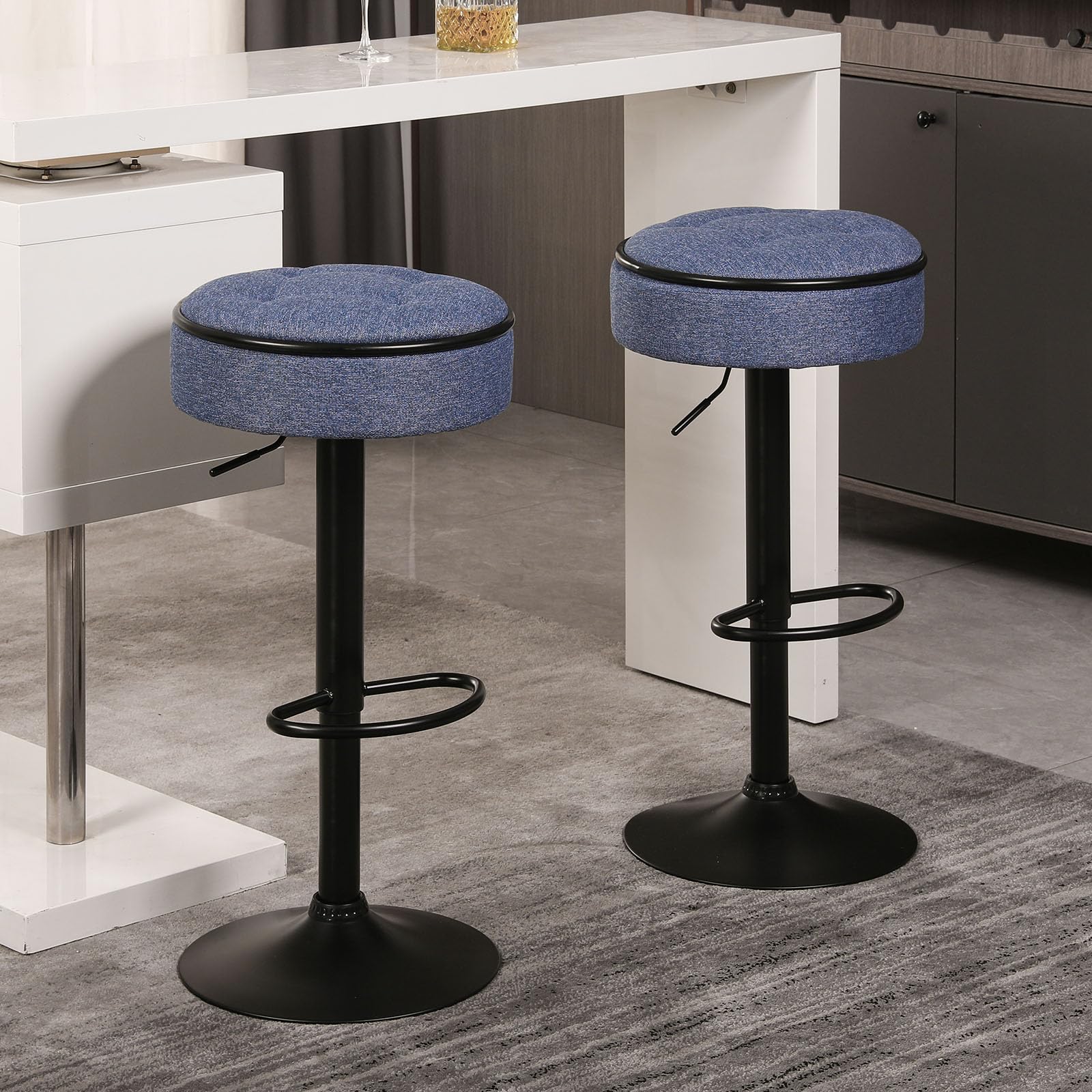 Fefances Swivel Round Airlift Bar Stool Set of 2 - Height Adjustable Armless Bar Chairs with Metal Frame for Kitchen, Dining Room, Pub & Cafe - Modern Linen Blue Stools for Home Decor & Commercial Use