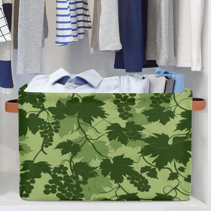 Large Green Grape Print Storage Baskets - 2 Pack Fabric Closet Organizers with Handles for Shelves | Collapsible Decorative Bins for Home Organization, Clothes & Toys Storage | Perfect for Bedroom, Nursery & Playroom Organization