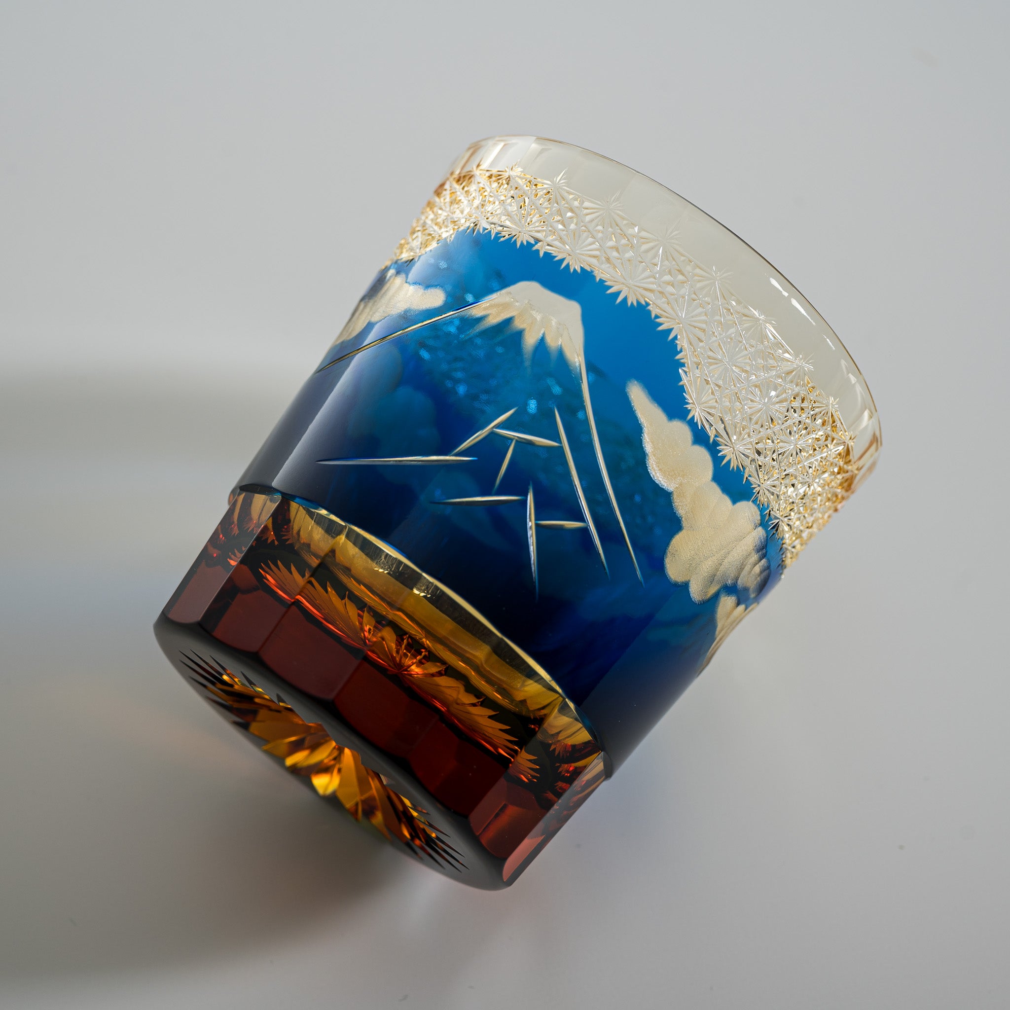 Yamada Crystal Glass Rock Glass with Mt Fuji Design in Amber & Blue - Perfect for Whiskey, Cocktails & Home Bar Decor