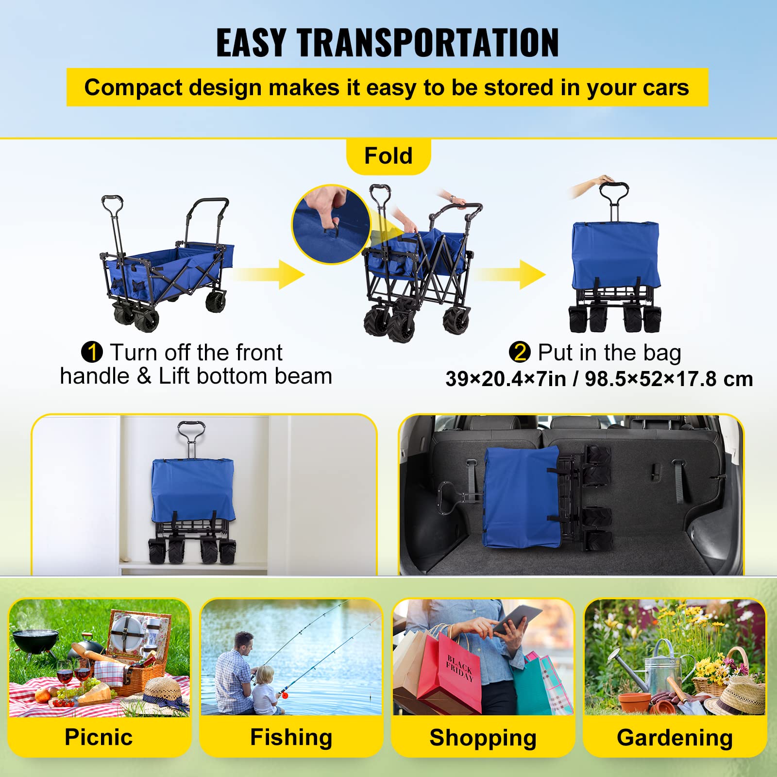 Happbuy Collapsible Wagon with Removable Canopy - Heavy Duty 220lbs Capacity Foldable Beach Wagon Cart with Large Wheels - Adjustable Push Pull Handles for Outdoor, Camping, Picnic, Grocery Shopping (Blue)