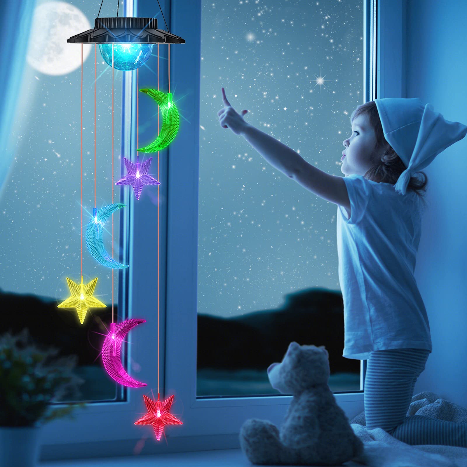 Solar Wind Chimes with LED Moon & Stars - Color Changing Outdoor/Indoor Waterproof Hanging Lights for Patio, Garden, Yard - Perfect Home Decor & Unique Birthday Gifts (Great for Evening Relaxation & Outdoor Parties)