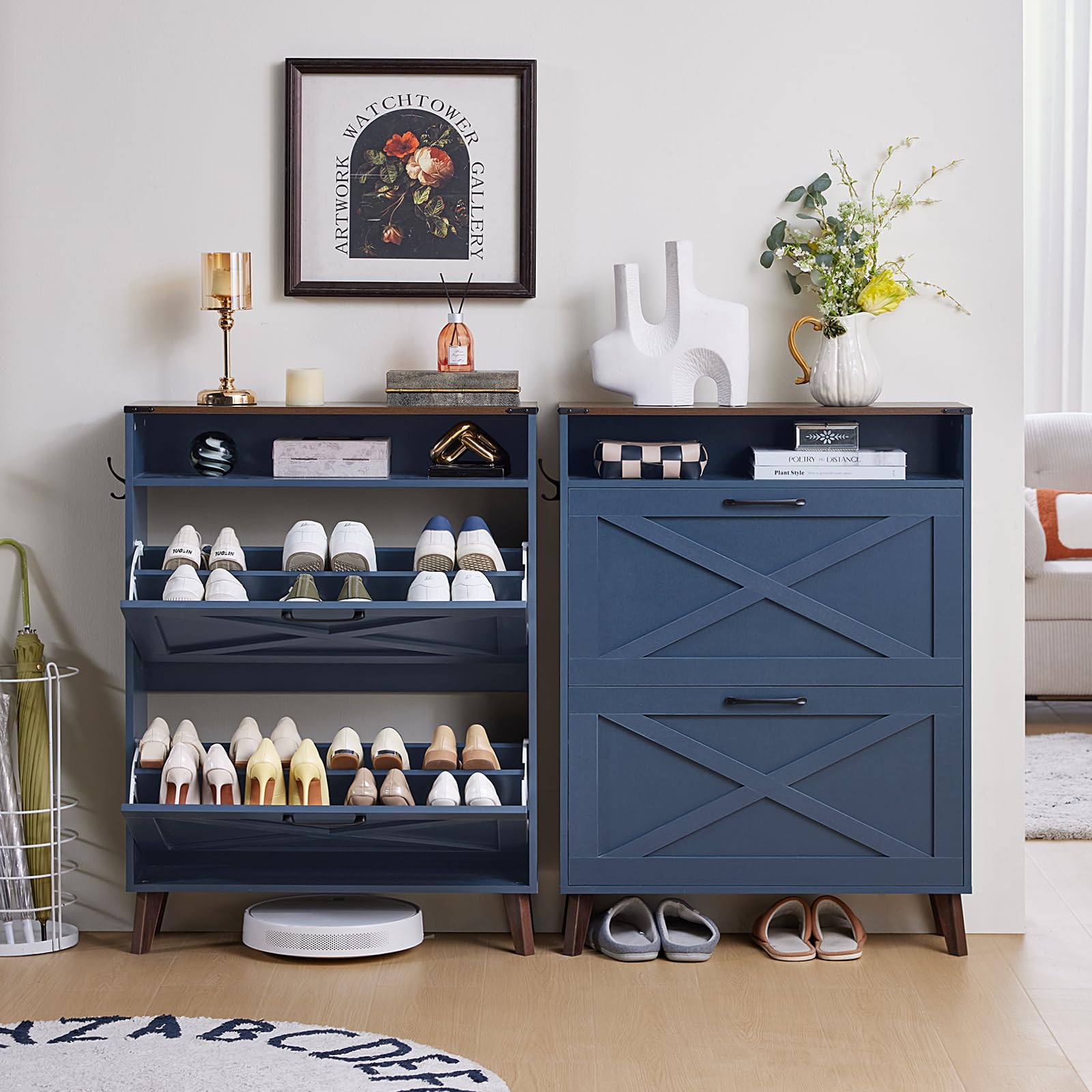 Farmhouse Shoe Storage Cabinet with 2 Flip Drawers - Narrow Hidden Shoe Organizer with Wood Legs & Open Storage - Free Standing Entryway Shoe Rack for Foyer, Hallway - Navy Blue - Perfect for Small Spaces & Clutter-Free Home Organization