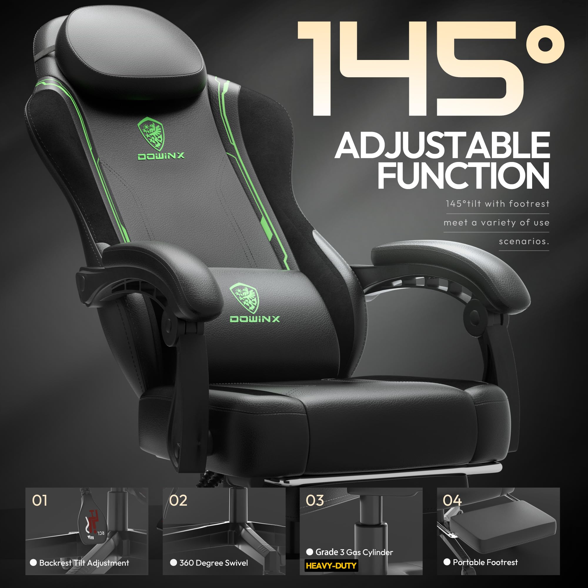 Dowinx Ergonomic Gaming Chair with Pocket Spring Cushion & Footrest - Massage Lumbar Support High Back Office Chair for Adults, 300LBS Capacity, Green Leather Computer Chair - Perfect for PC Gaming, Esports & Home Office Workspace