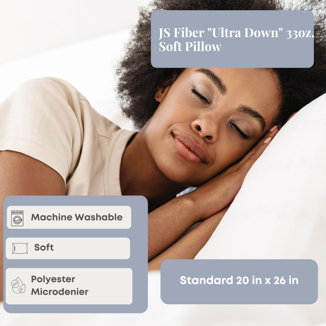 JS Fiber Ultra Down 33oz Soft Pillow - Standard Size Bed Pillow for Side Sleepers, Back Sleepers & Stomach Sleepers - Perfect for Home, Hotel & Travel Use