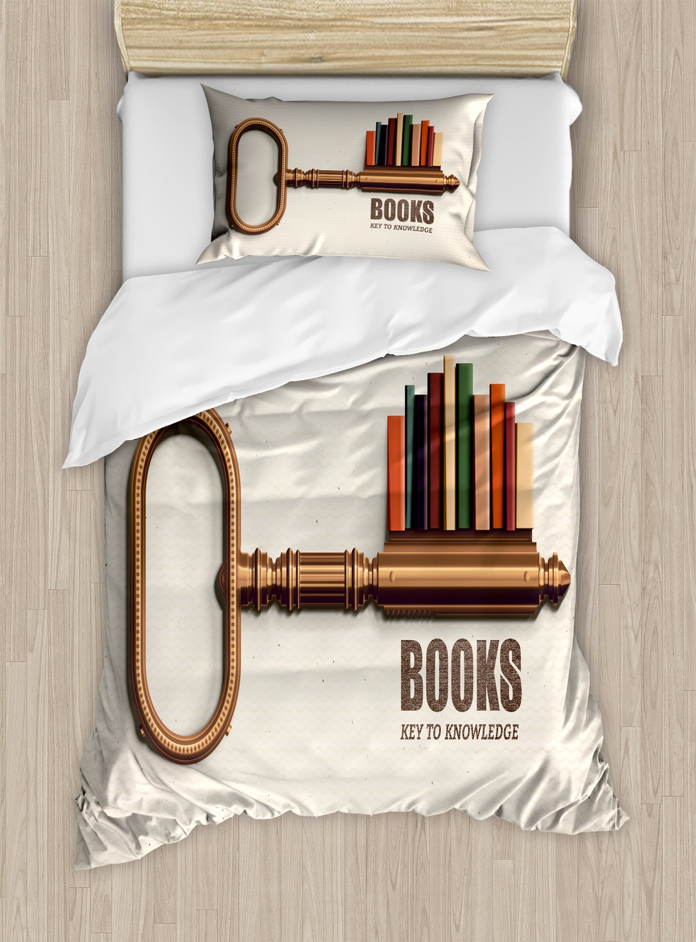 Ambesonne Book Duvet Cover Set - Key Shaped Bookshelf with Colorful Books Print, 2-Piece Twin Size Bedding Set with Pillow Sham - Perfect for Kids' Rooms, Book Lovers & Educational Themed Bedrooms